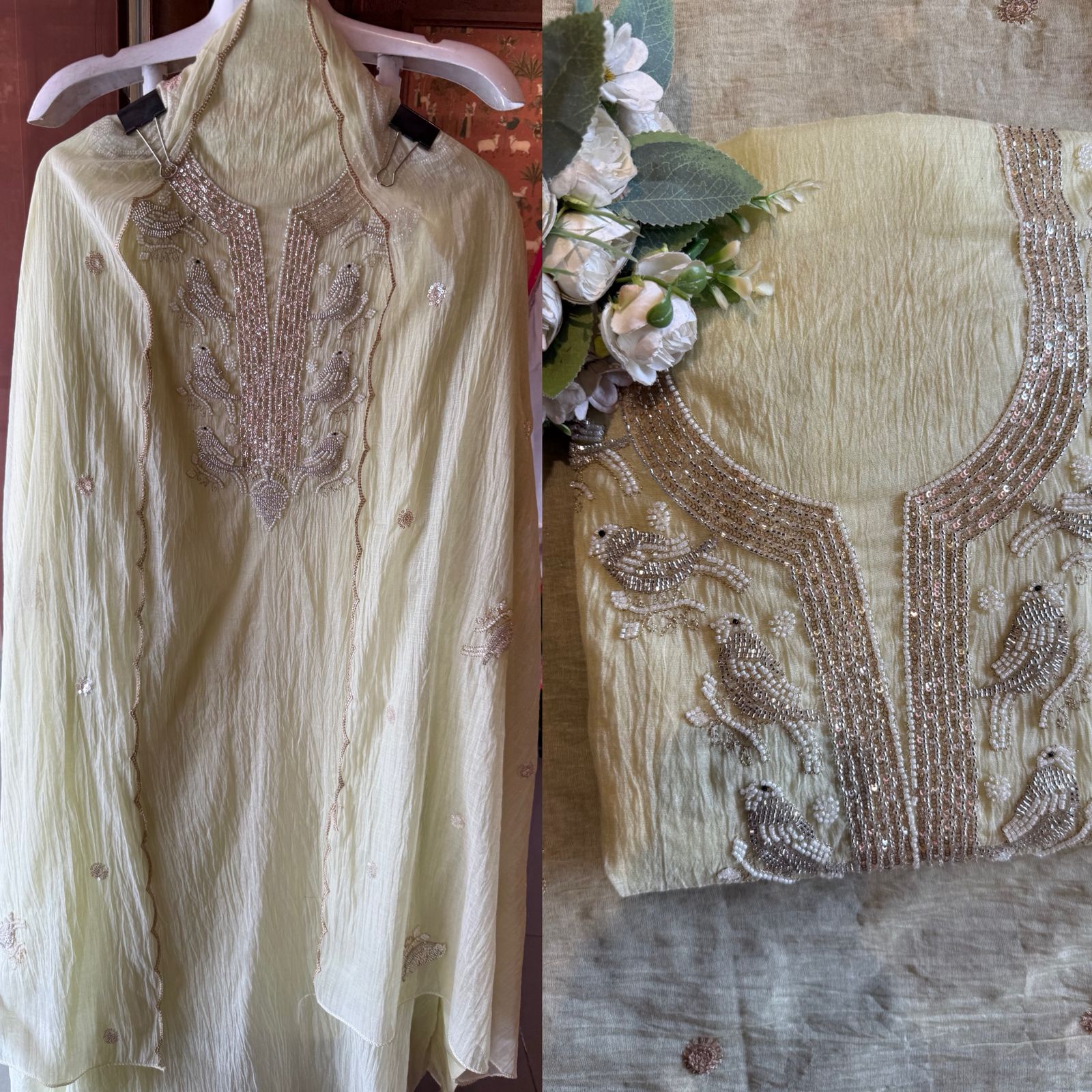 Hand Embellished Bird Unstitched suit Set