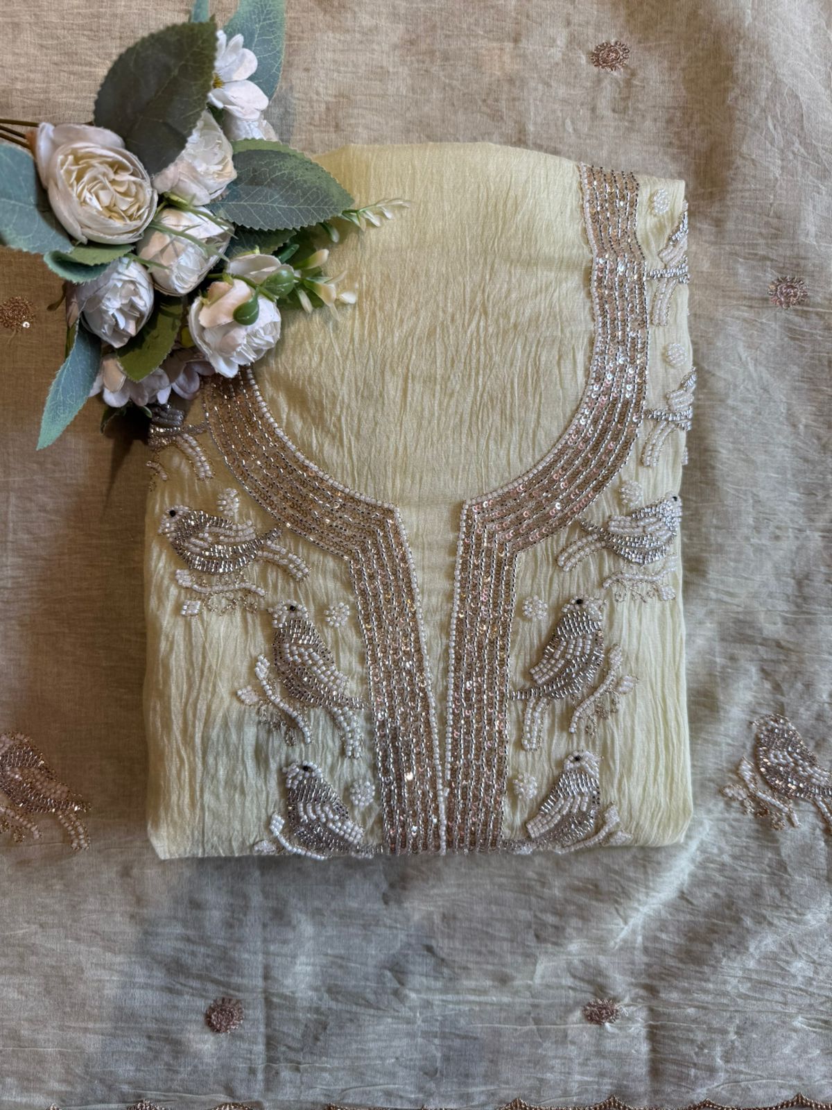 Hand Embellished Bird Unstitched suit Set