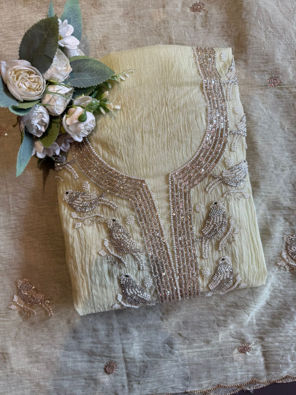 Hand Embellished Bird Unstitched suit Set