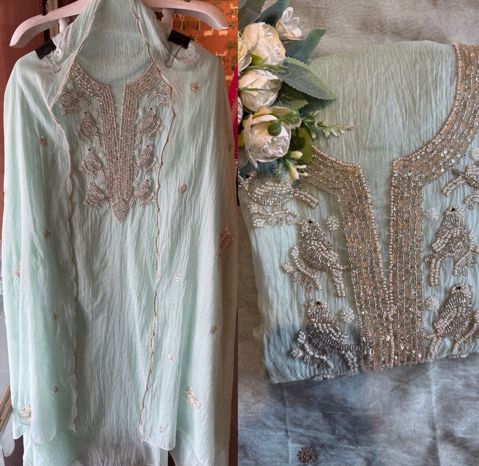 Hand Embellished Bird Unstitched suit Set