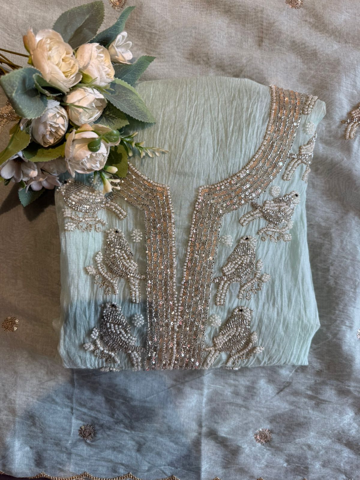 Hand Embellished Bird Unstitched suit Set