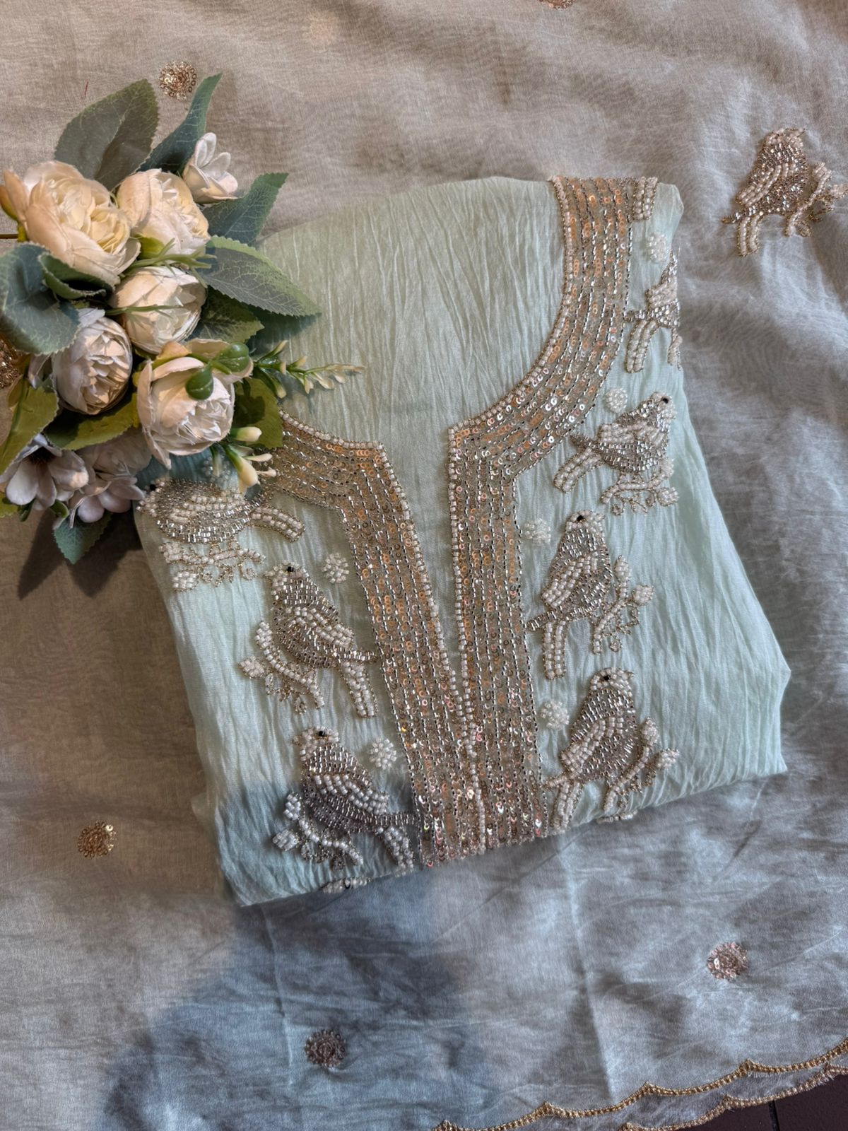 Hand Embellished Bird Unstitched suit Set