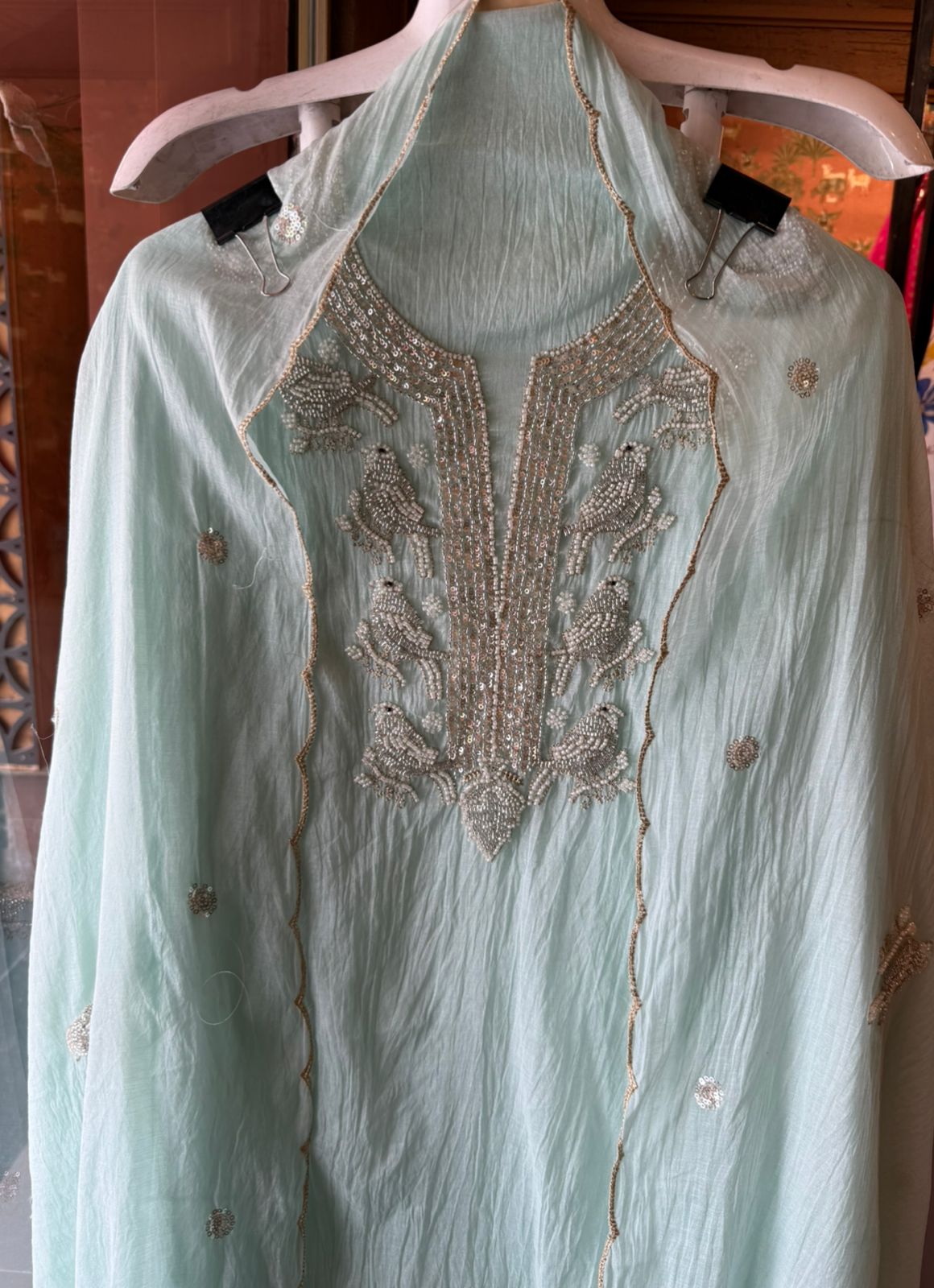 Hand Embellished Bird Unstitched suit Set