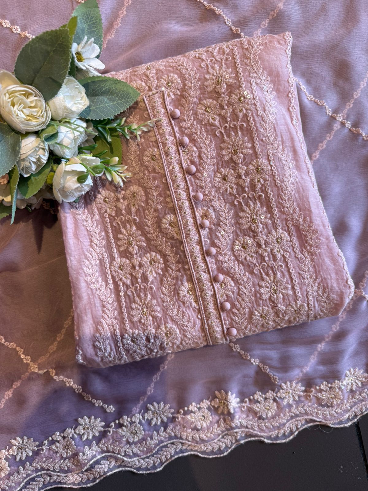 Lakhnavi Embroidered Suit on Mul cotton
