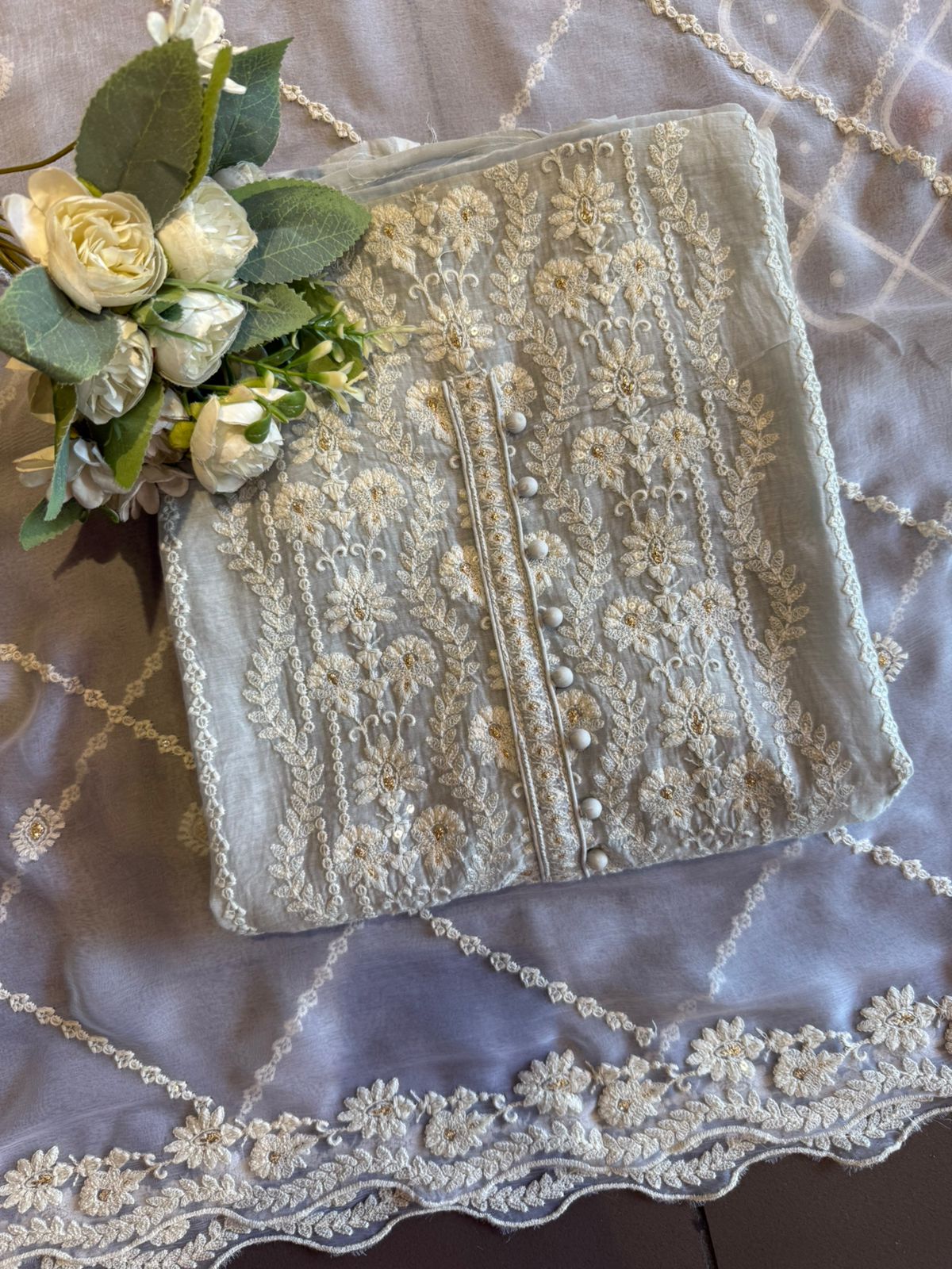 Lakhnavi Embroidered Suit on Mul cotton