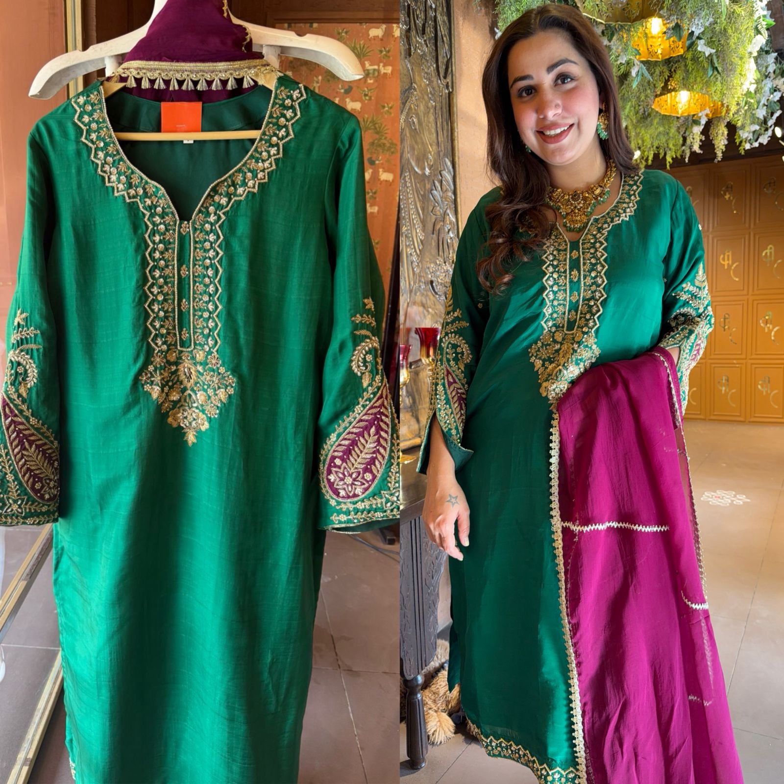 Royal Emerald Hand Embroidered Silk Suit