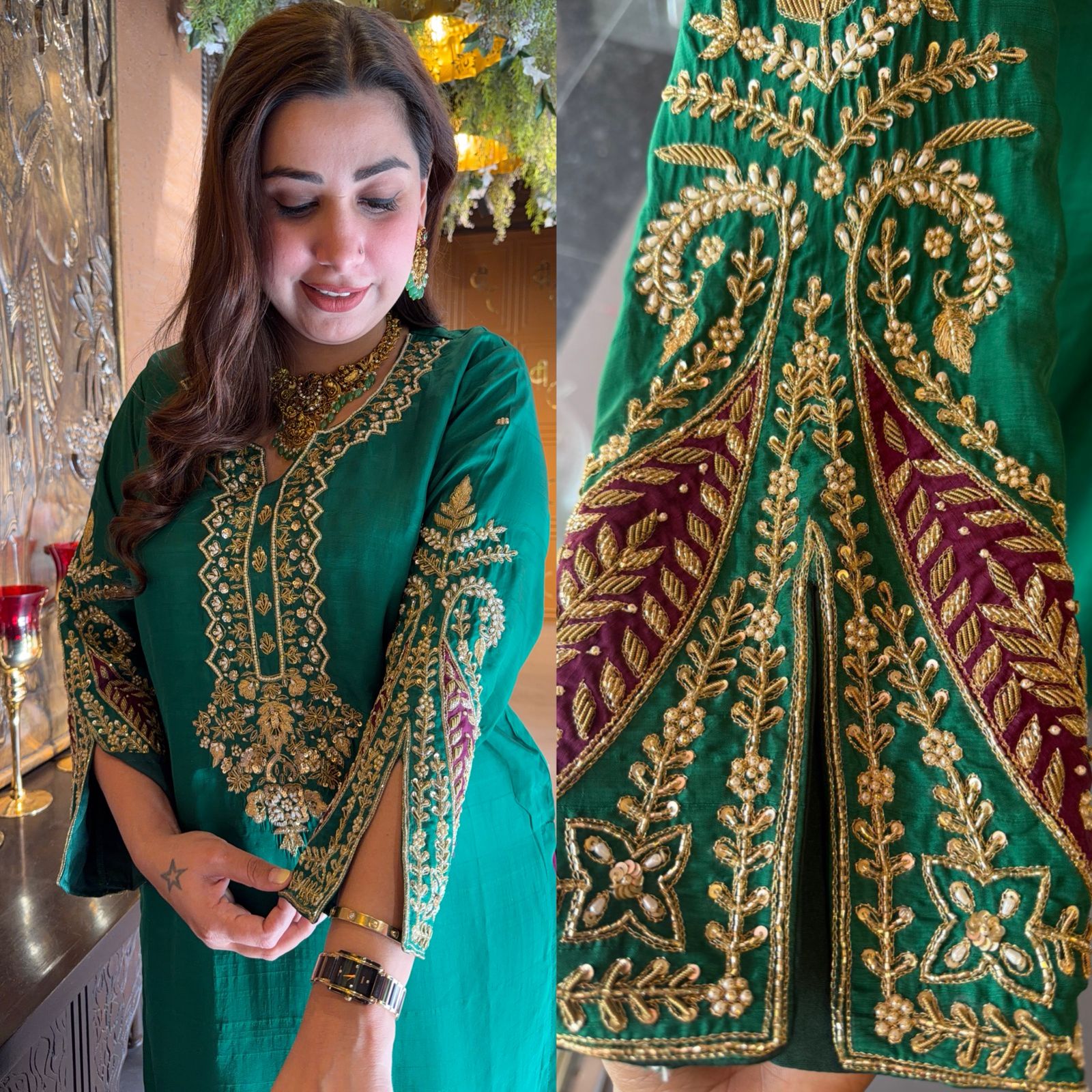 Royal Emerald Hand Embroidered Silk Suit