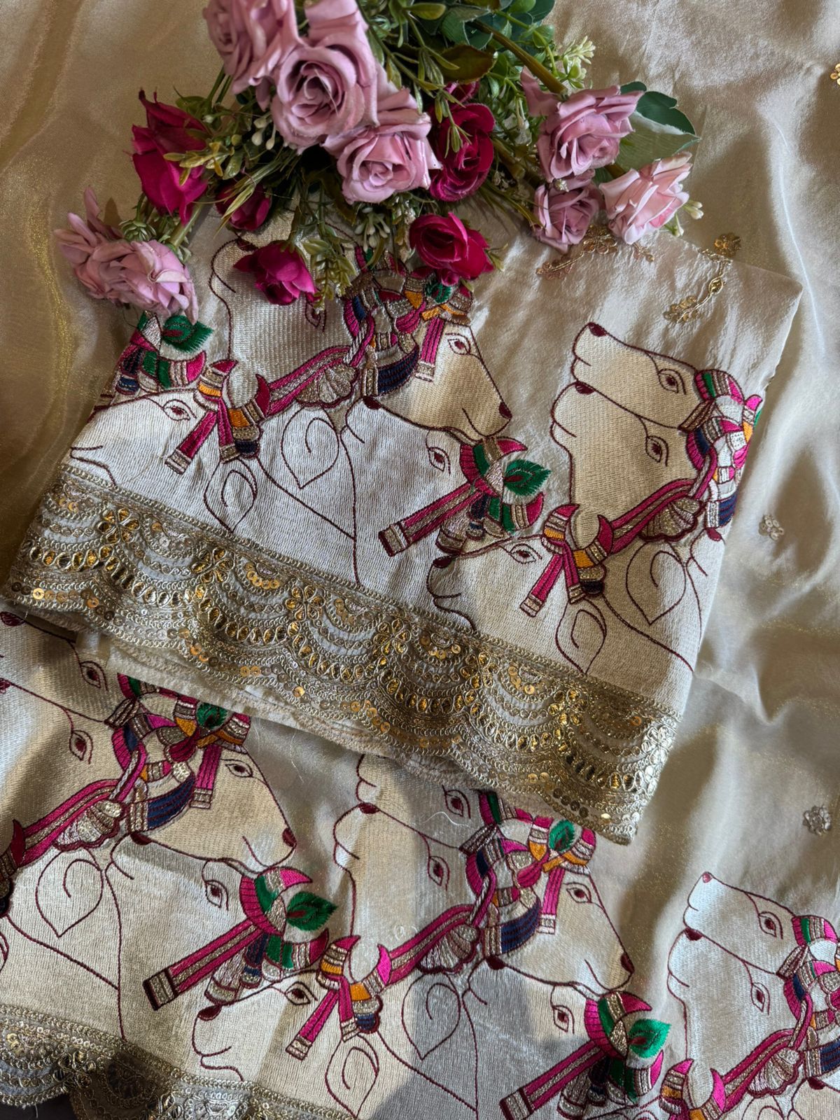 Shimmer tissue Unstitched gold Zari embroidered shirt