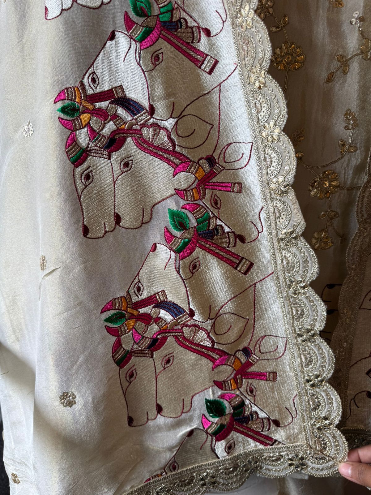 Shimmer tissue Unstitched gold Zari embroidered shirt