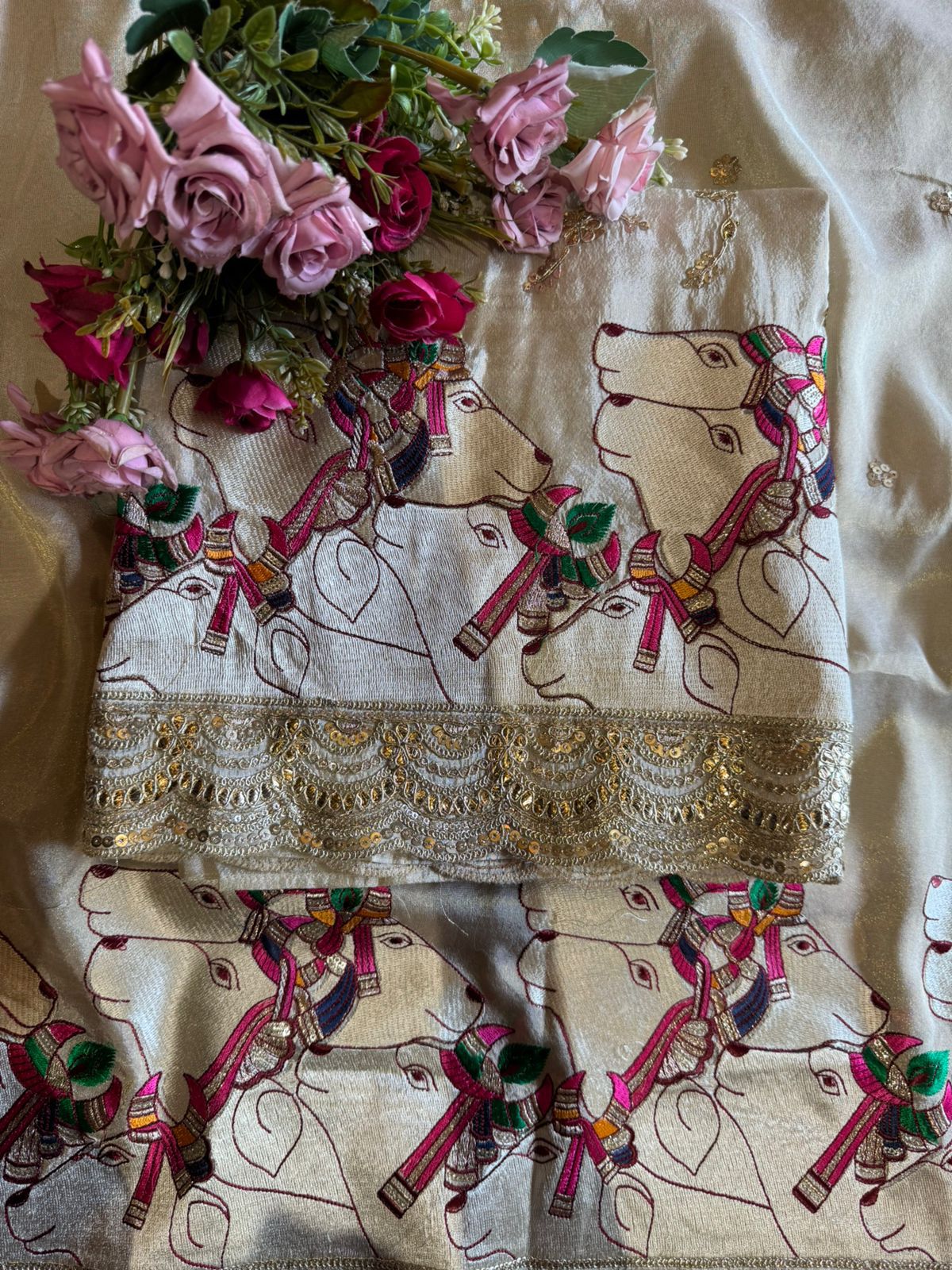 Shimmer tissue Unstitched gold Zari embroidered shirt