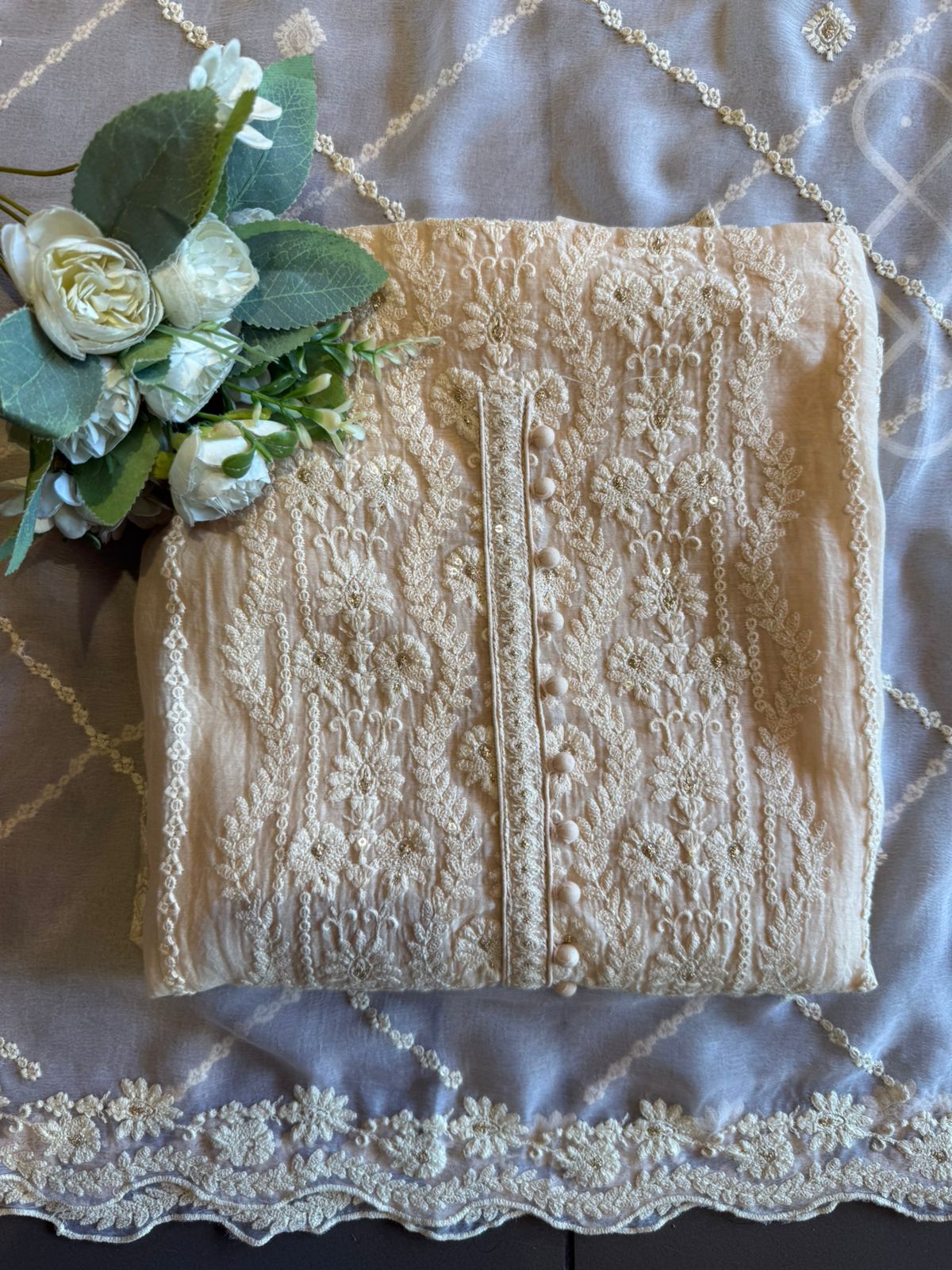 Lakhnavi Embroidered Suit on Mul cotton