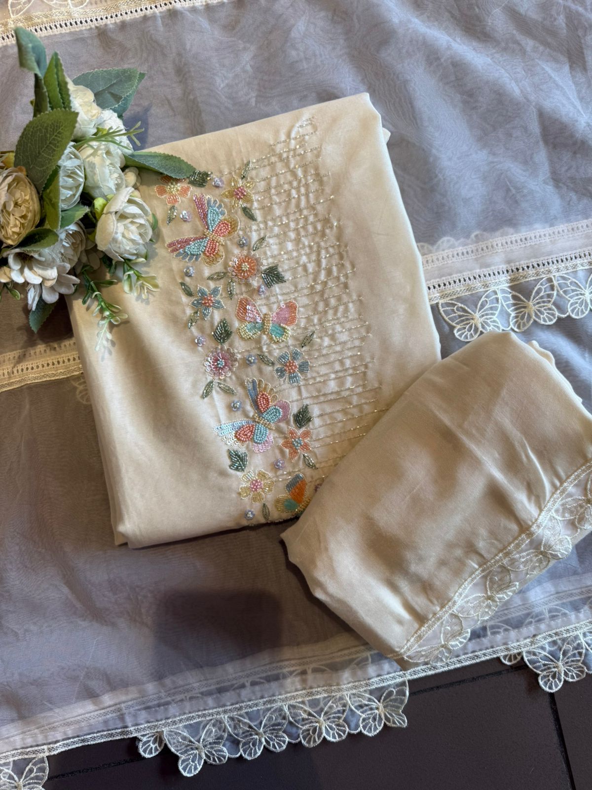 Premium Chanderi Soft white unstitched suit