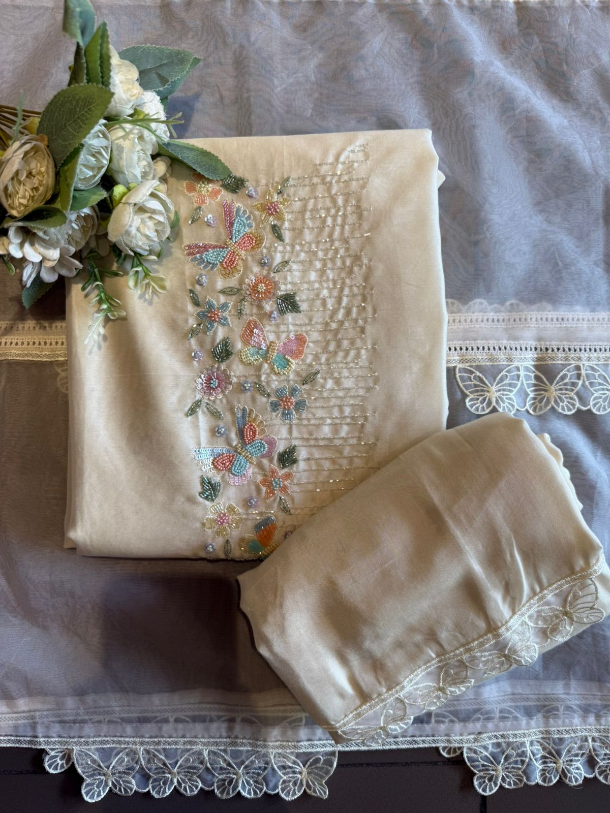 Premium Chanderi Soft white unstitched suit
