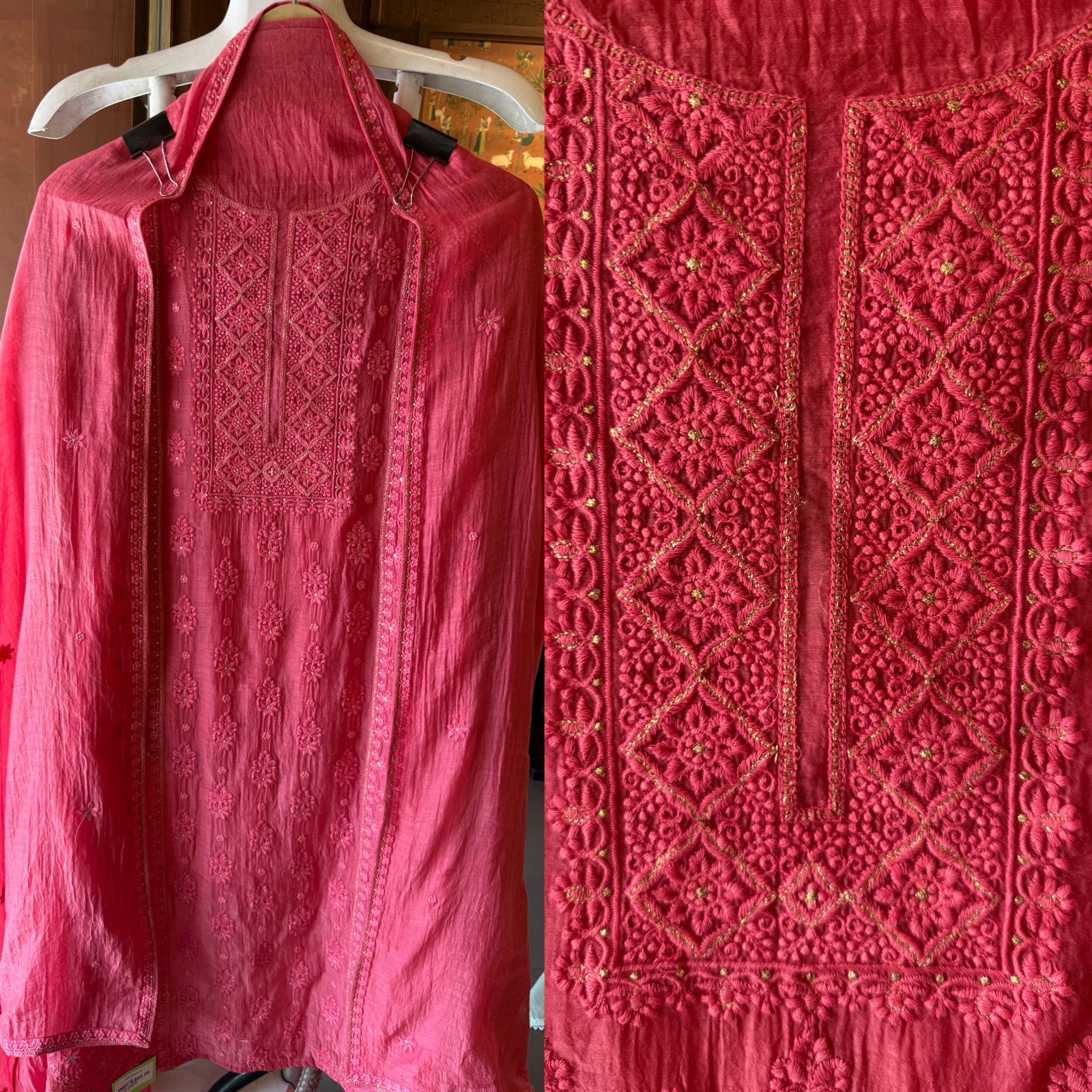 Chickenkari Embroidered Suit Set On Mul chanderi