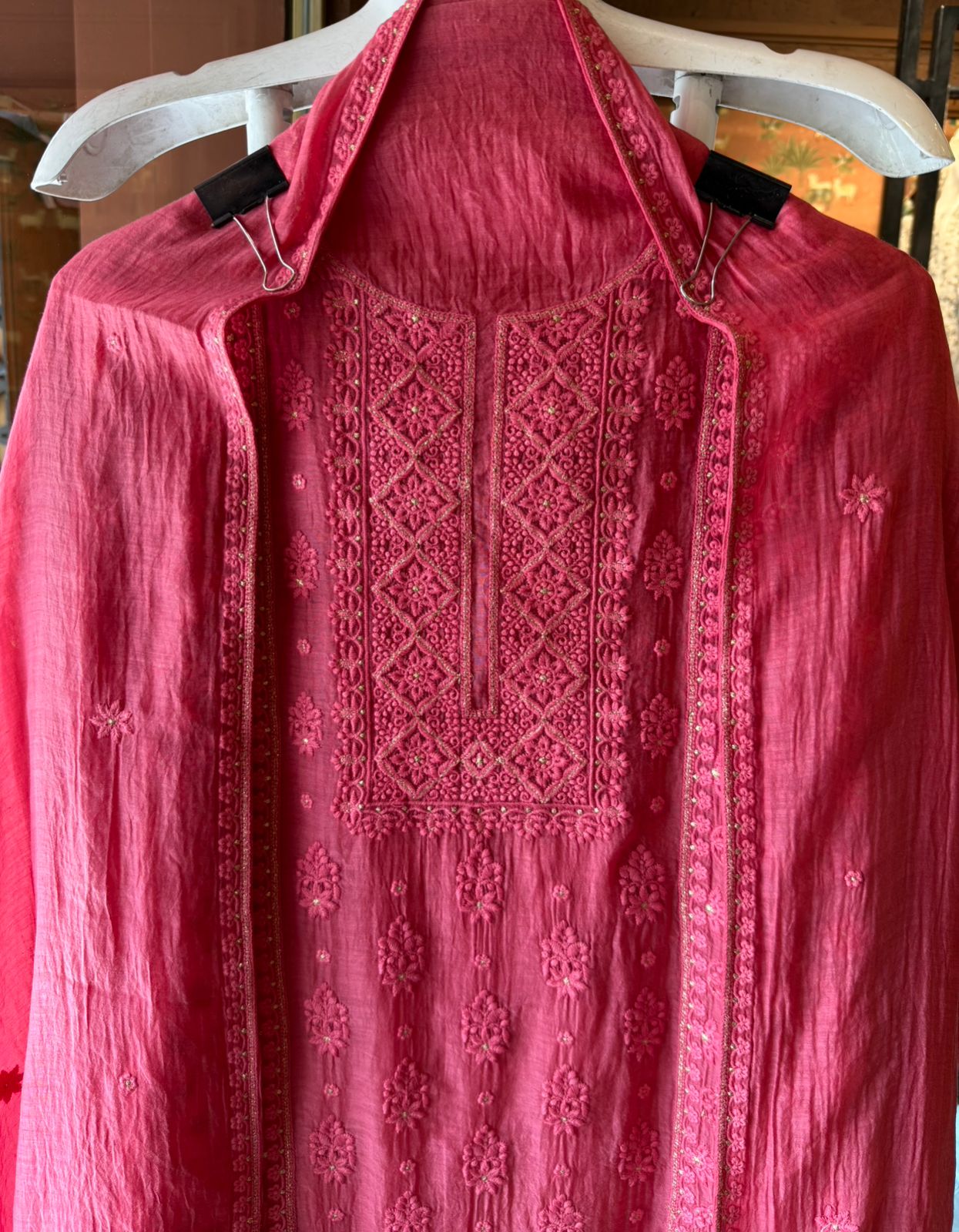 Chickenkari Embroidered Suit Set On Mul chanderi