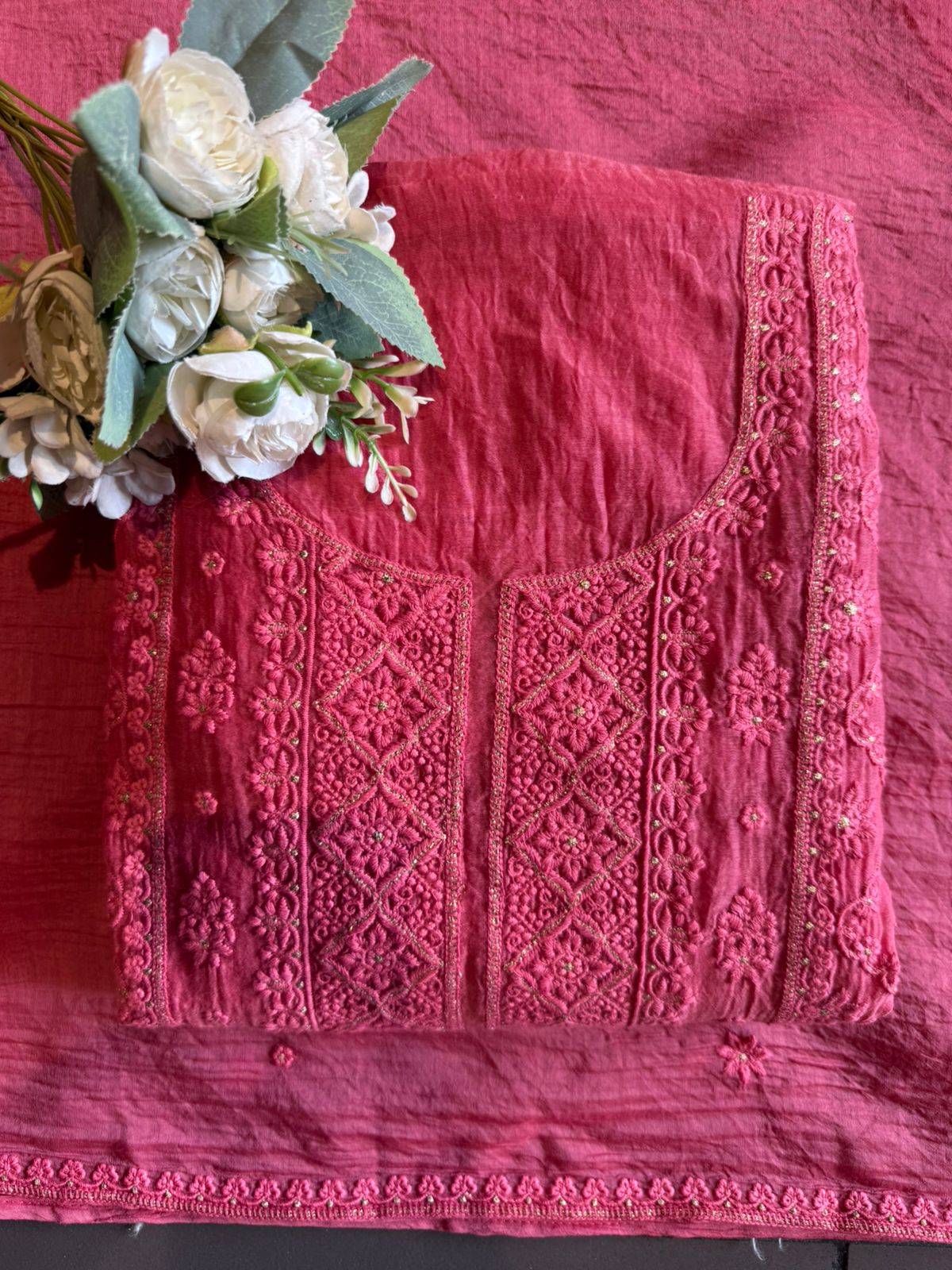 Chickenkari Embroidered Suit Set On Mul chanderi