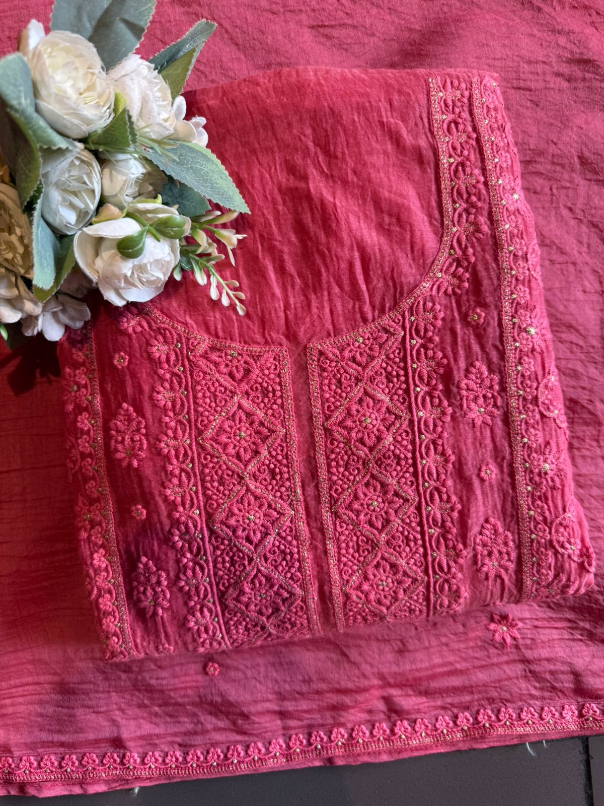 Chickenkari Embroidered Suit Set On Mul chanderi