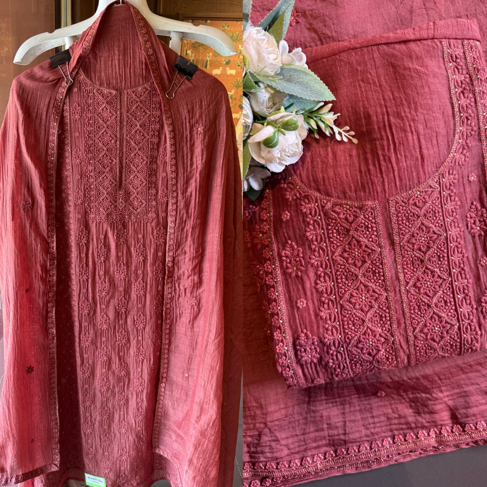 Chickenkari Embroidered Suit Set On Mul chanderi