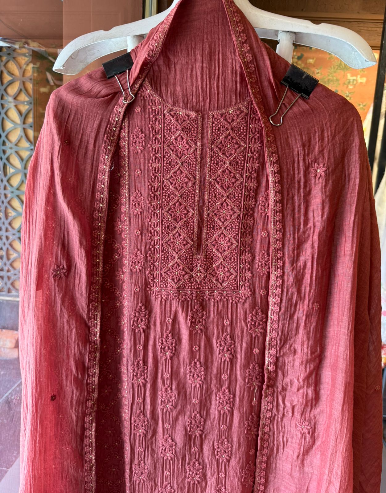 Chickenkari Embroidered Suit Set On Mul chanderi