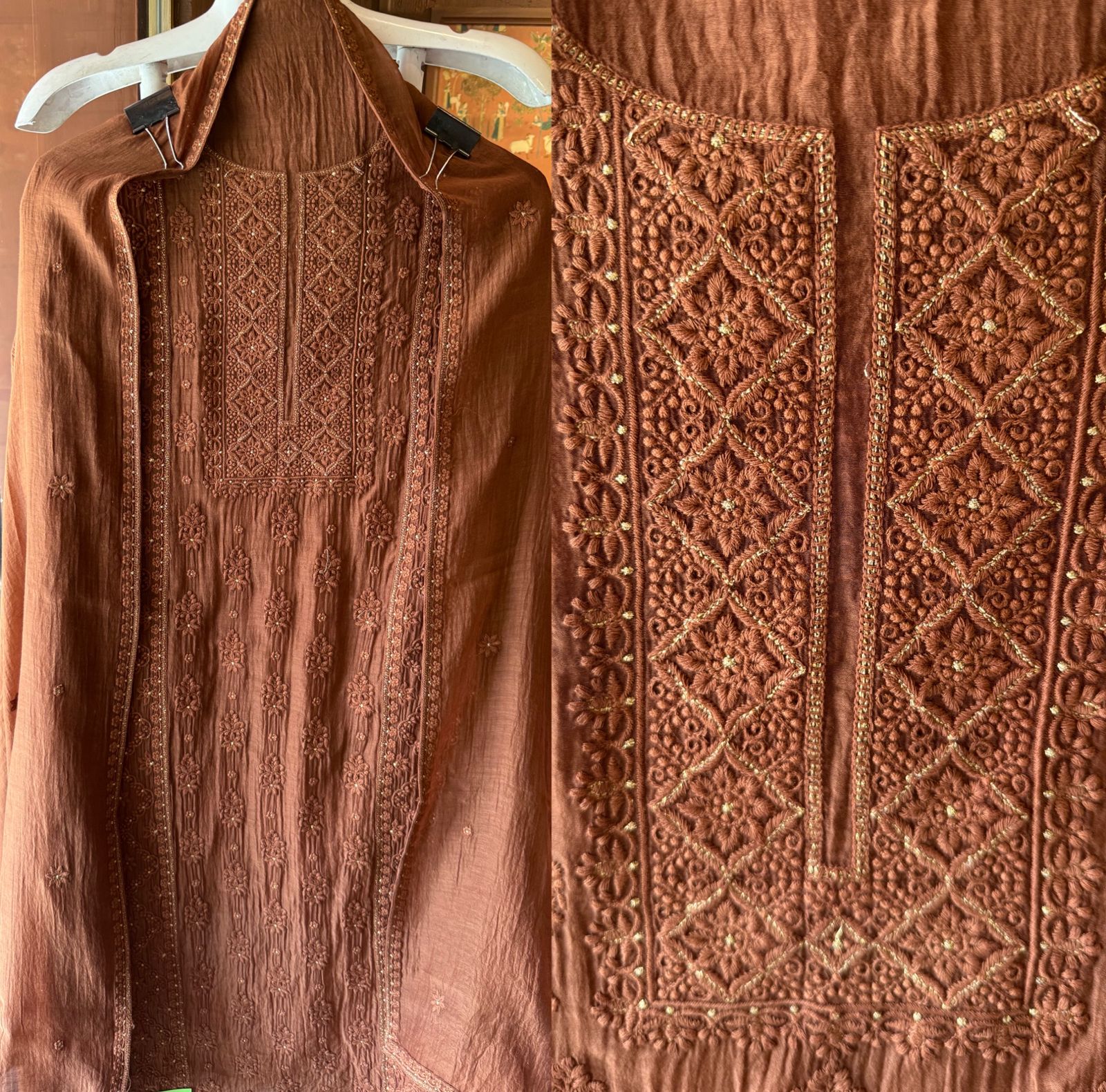 Chickenkari Embroidered Suit Set On Mul chanderi