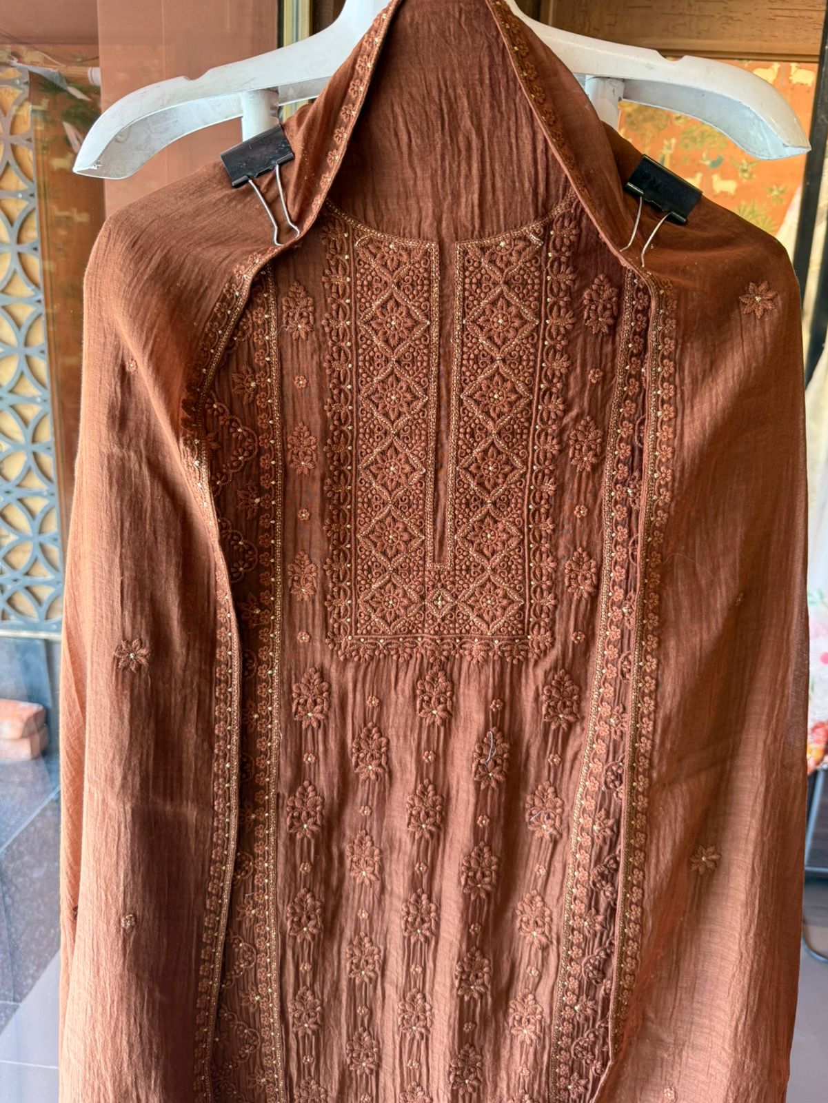 Chickenkari Embroidered Suit Set On Mul chanderi