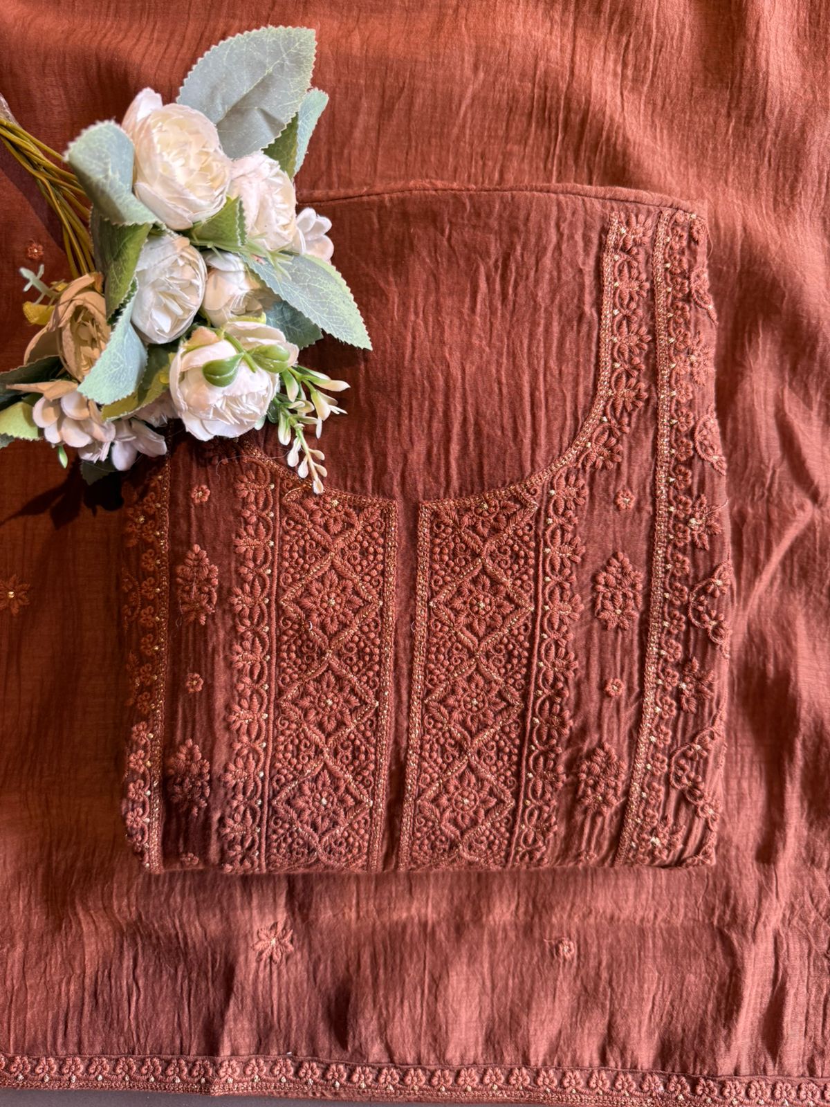 Chickenkari Embroidered Suit Set On Mul chanderi
