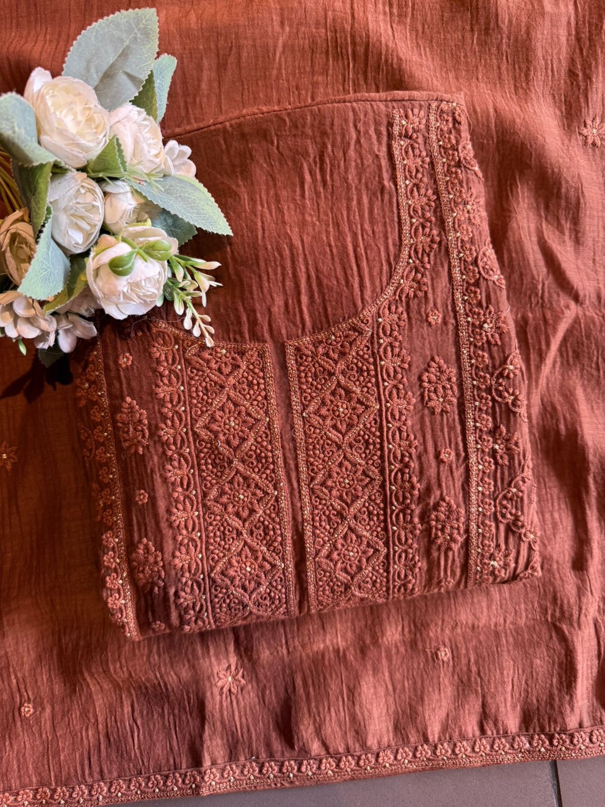 Chickenkari Embroidered Suit Set On Mul chanderi