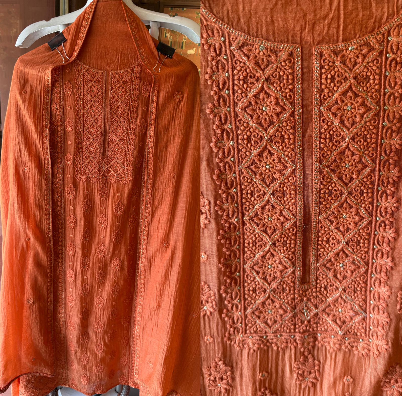 Chickenkari Embroidered Suit Set On Mul chanderi