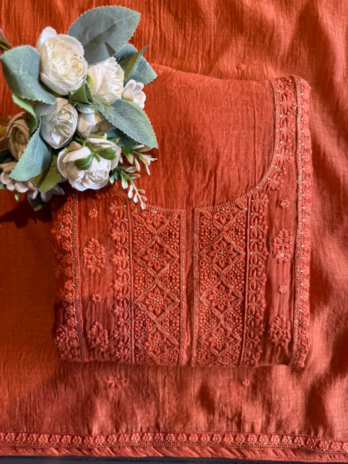 Chickenkari Embroidered Suit Set On Mul chanderi