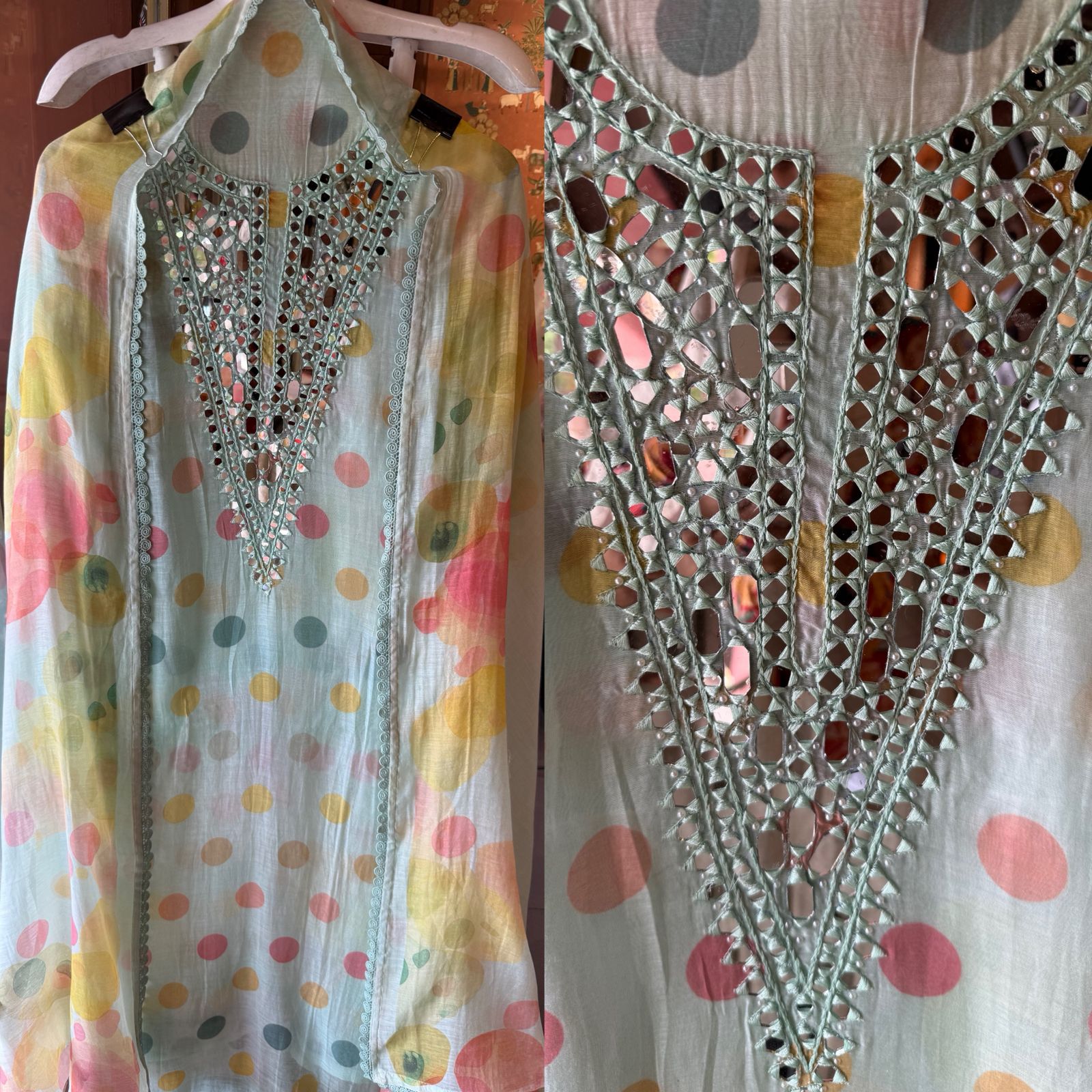 Multicolor polka Mirror Work Suit Set