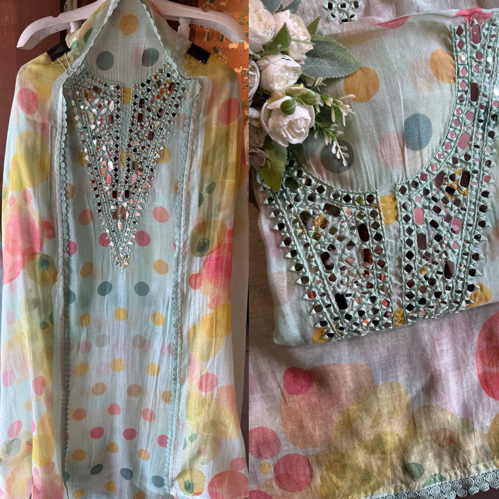 Multicolor polka Mirror Work Suit Set