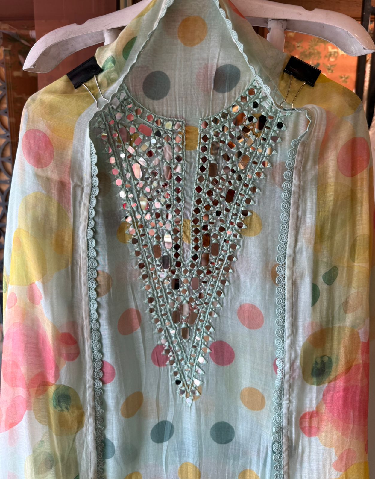 Multicolor polka Mirror Work Suit Set