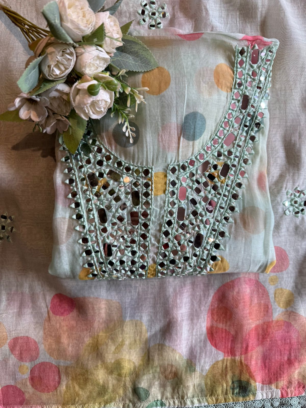 Multicolor polka Mirror Work Suit Set