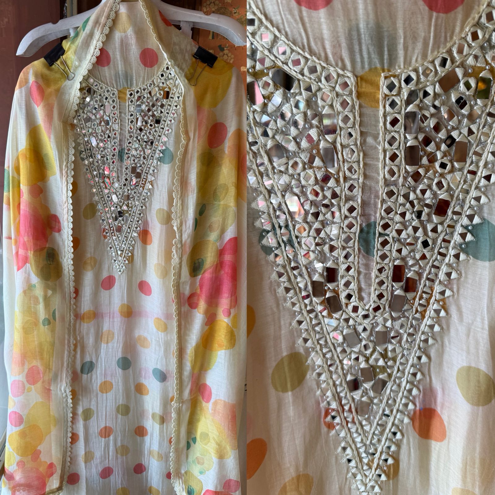 Multicolor polka Mirror Work Suit Set