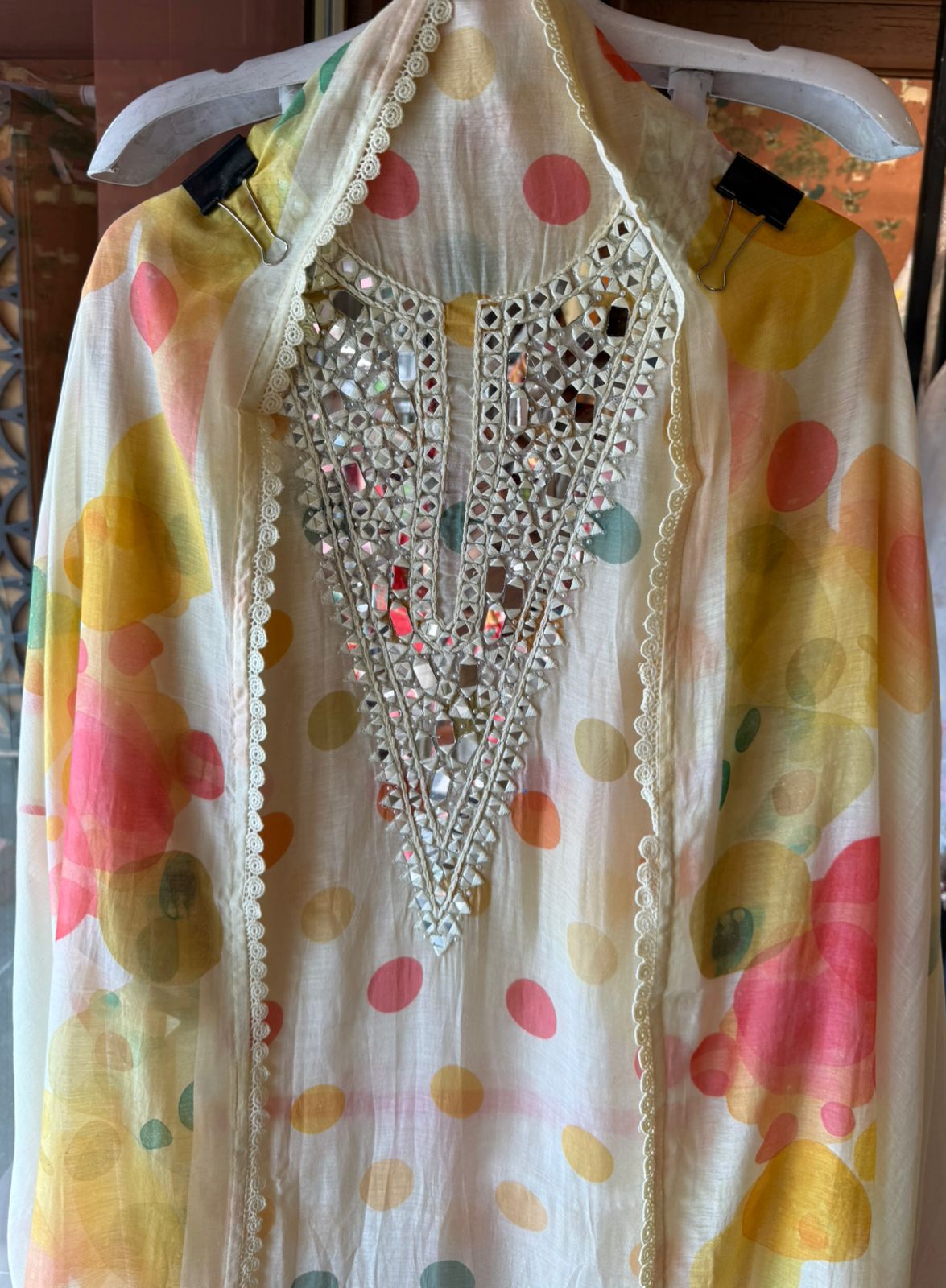 Multicolor polka Mirror Work Suit Set