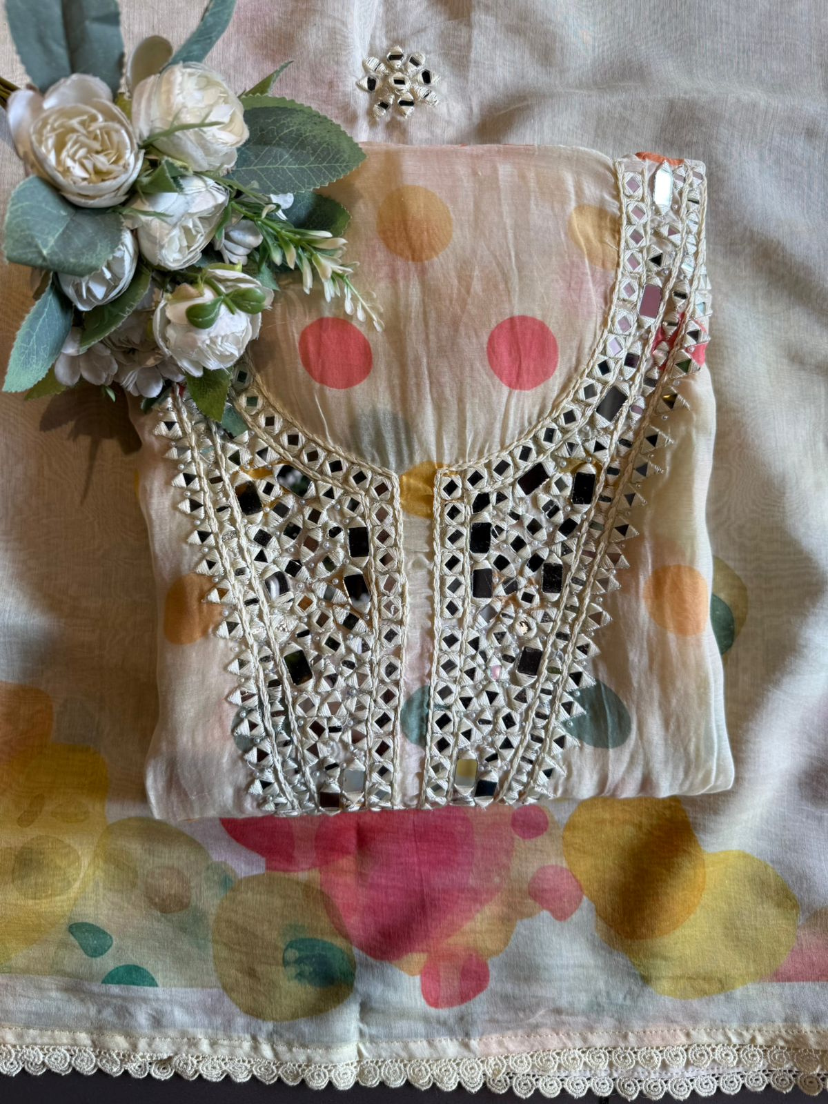 Multicolor polka Mirror Work Suit Set