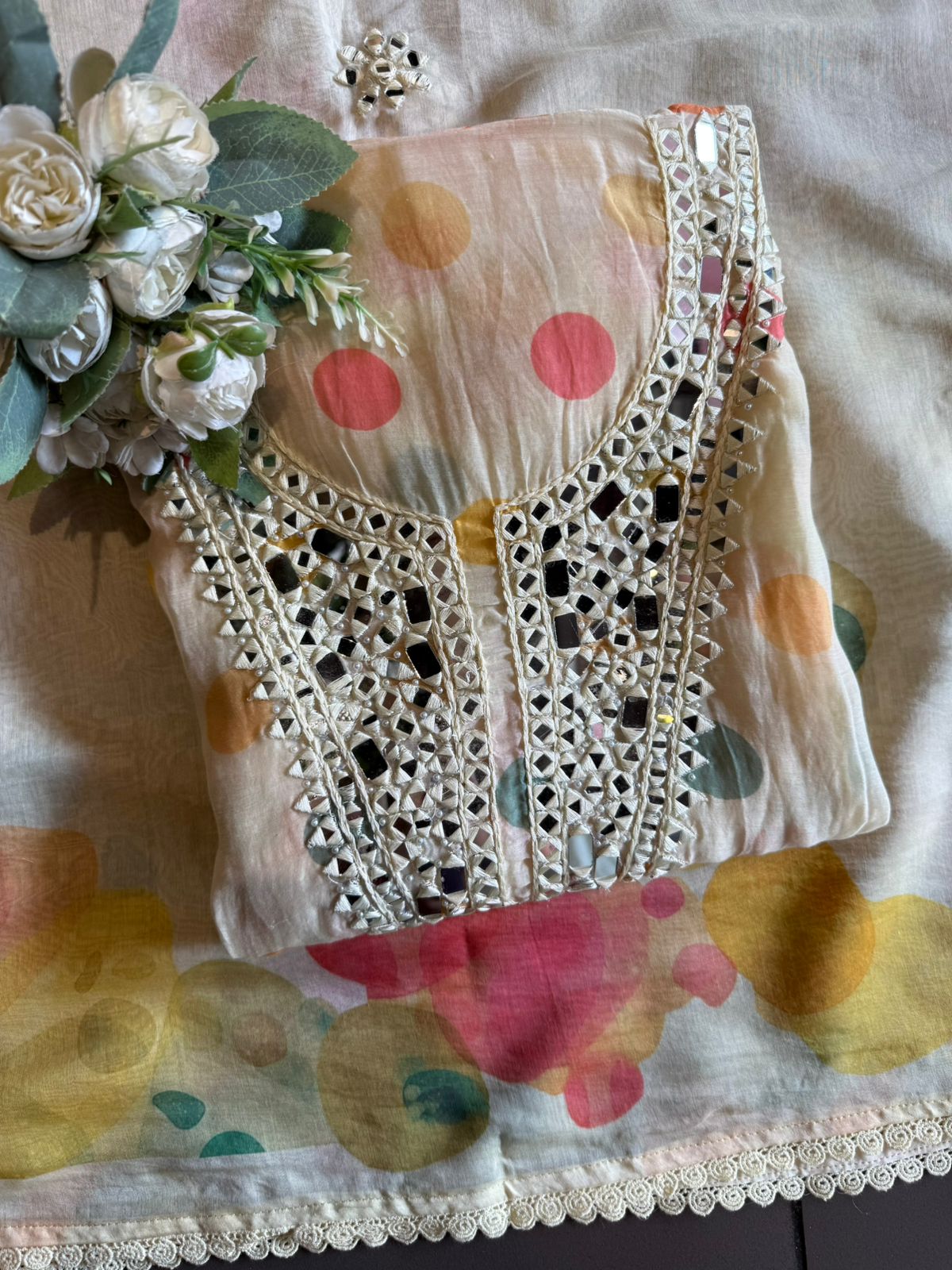 Multicolor polka Mirror Work Suit Set