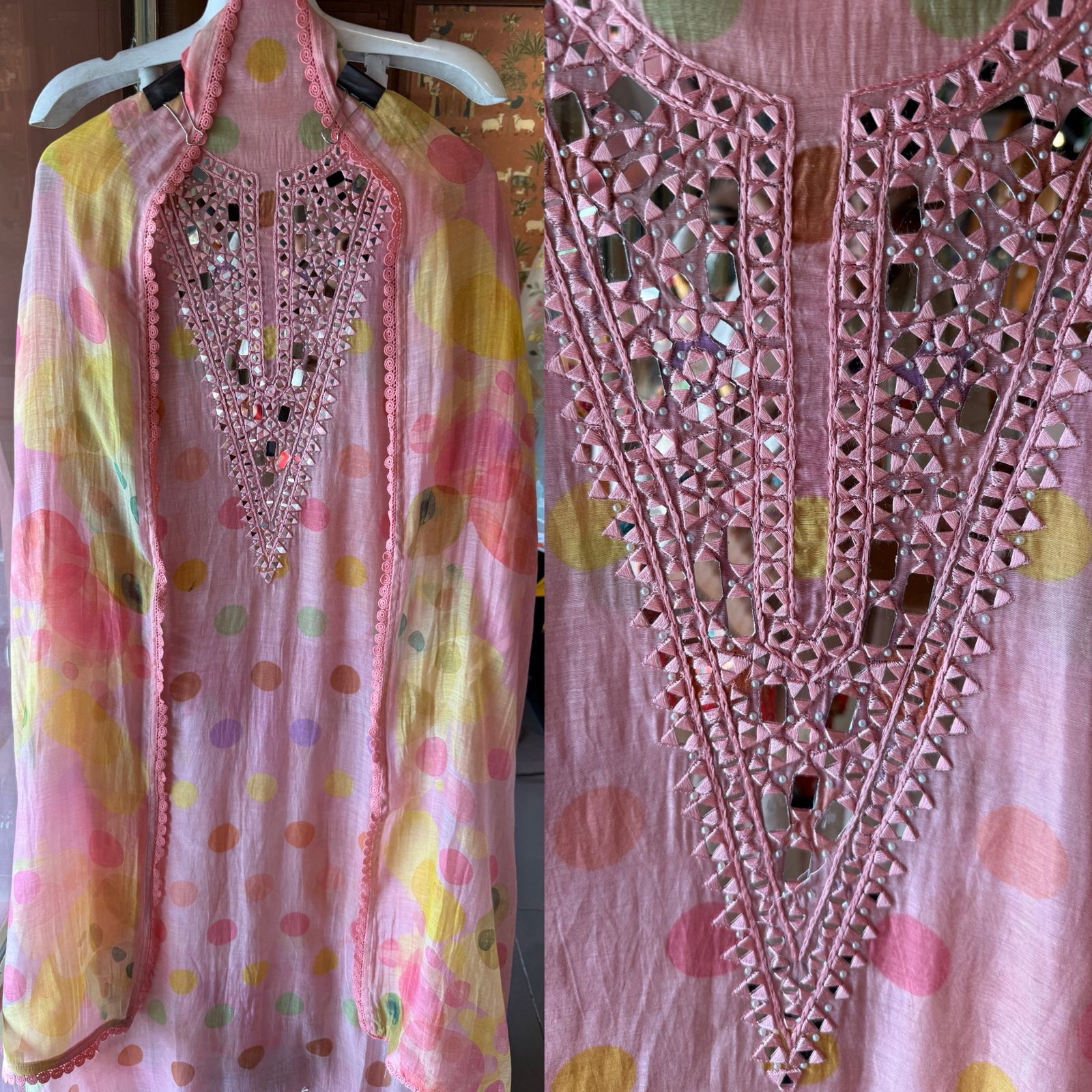 Multicolor polka Mirror Work Suit Set