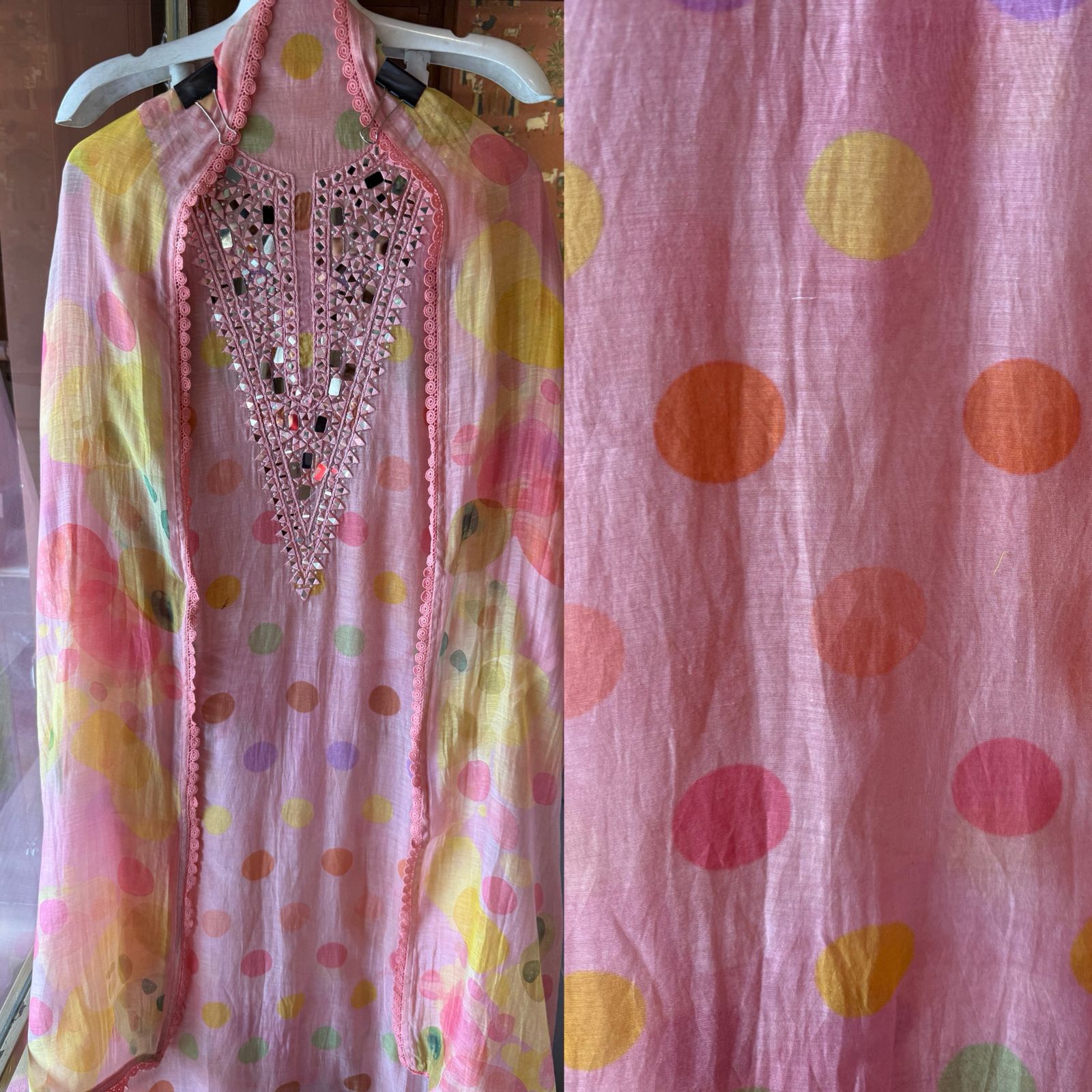 Multicolor polka Mirror Work Suit Set