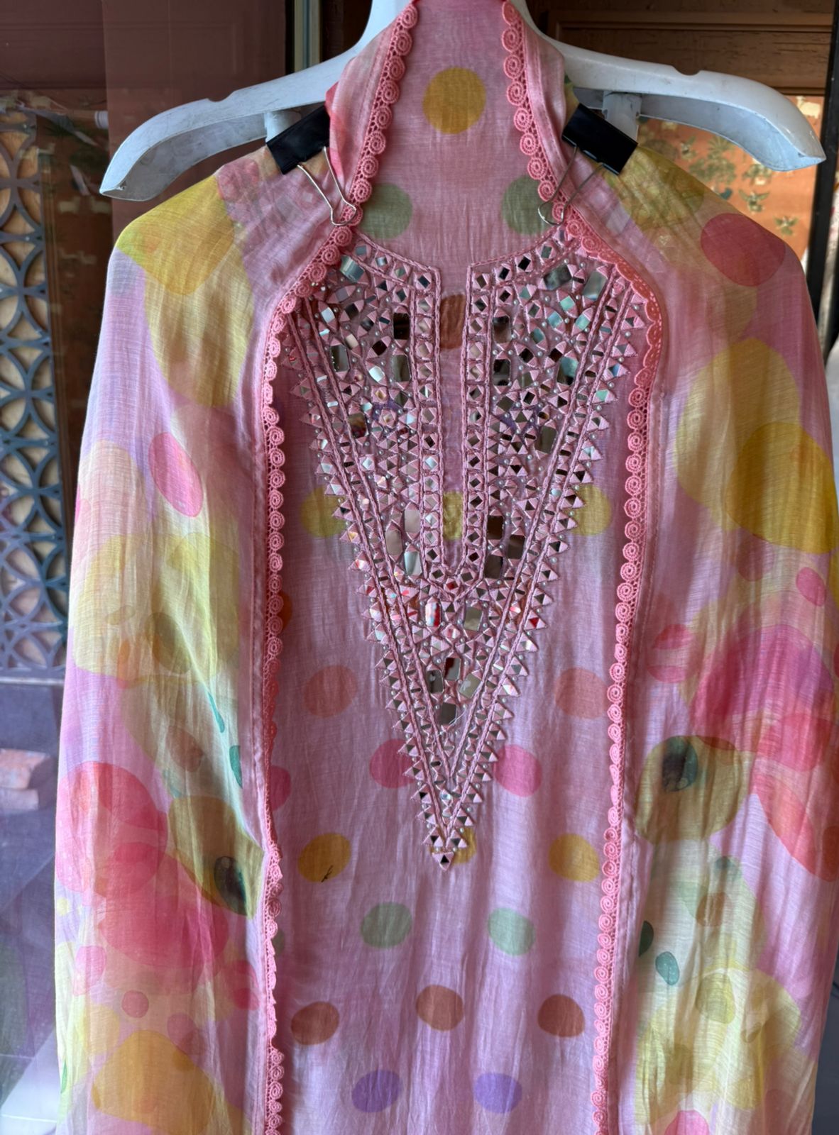 Multicolor polka Mirror Work Suit Set