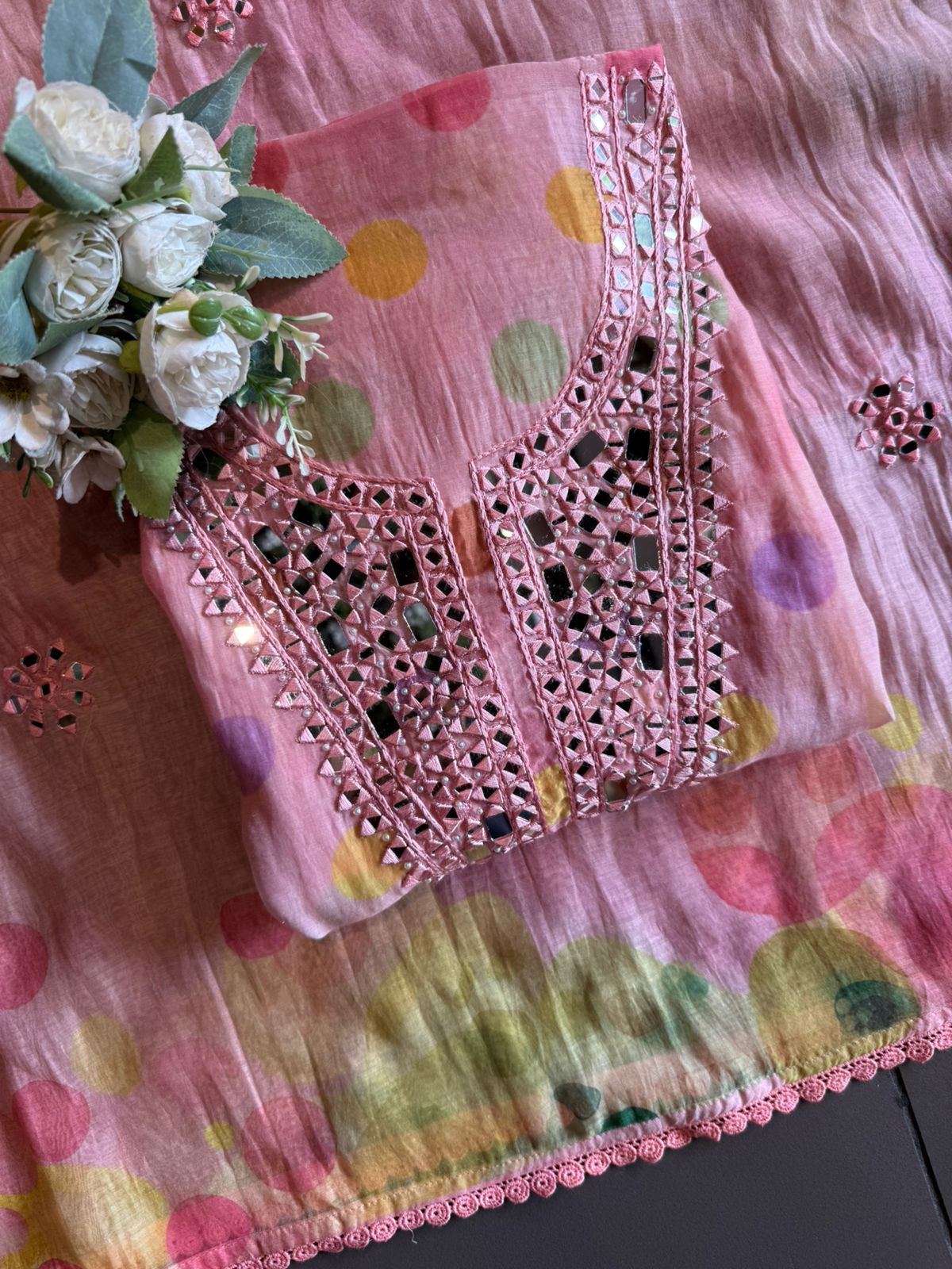 Multicolor polka Mirror Work Suit Set