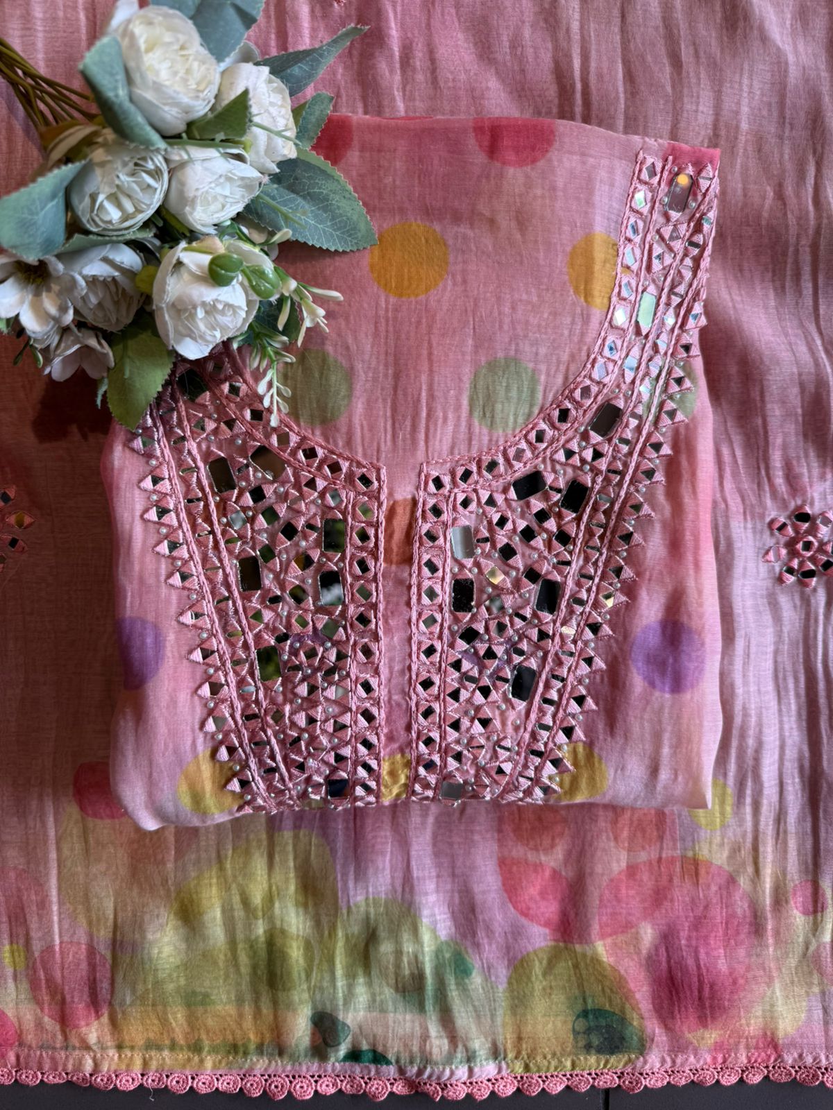 Multicolor polka Mirror Work Suit Set