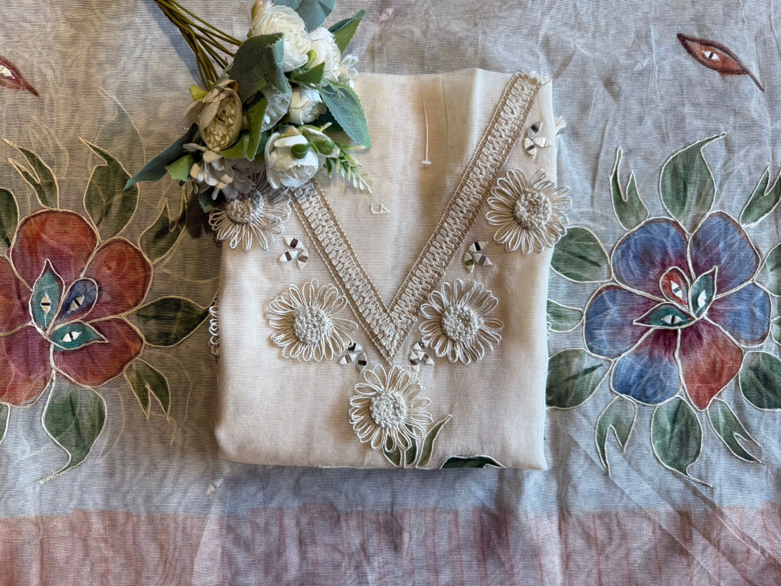 Pastel Floral Brush painted Embroidered Suit