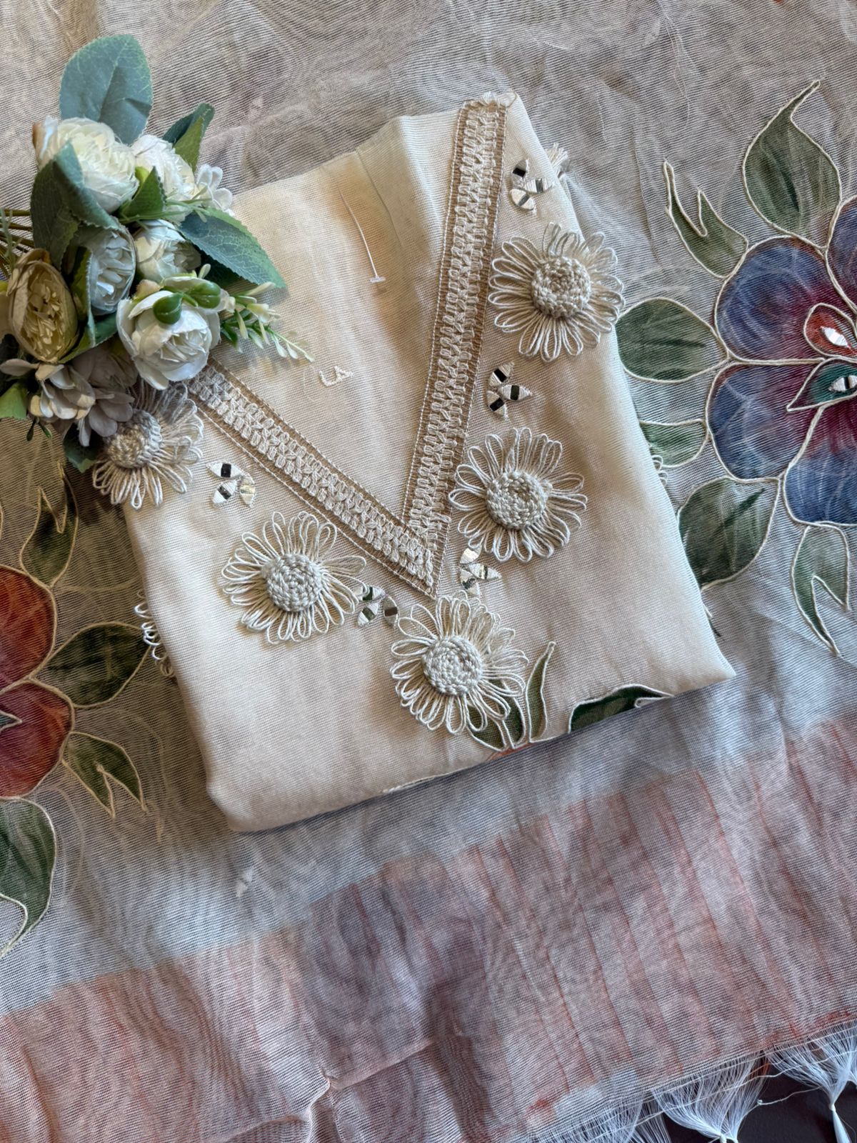 Pastel Floral Brush painted Embroidered Suit