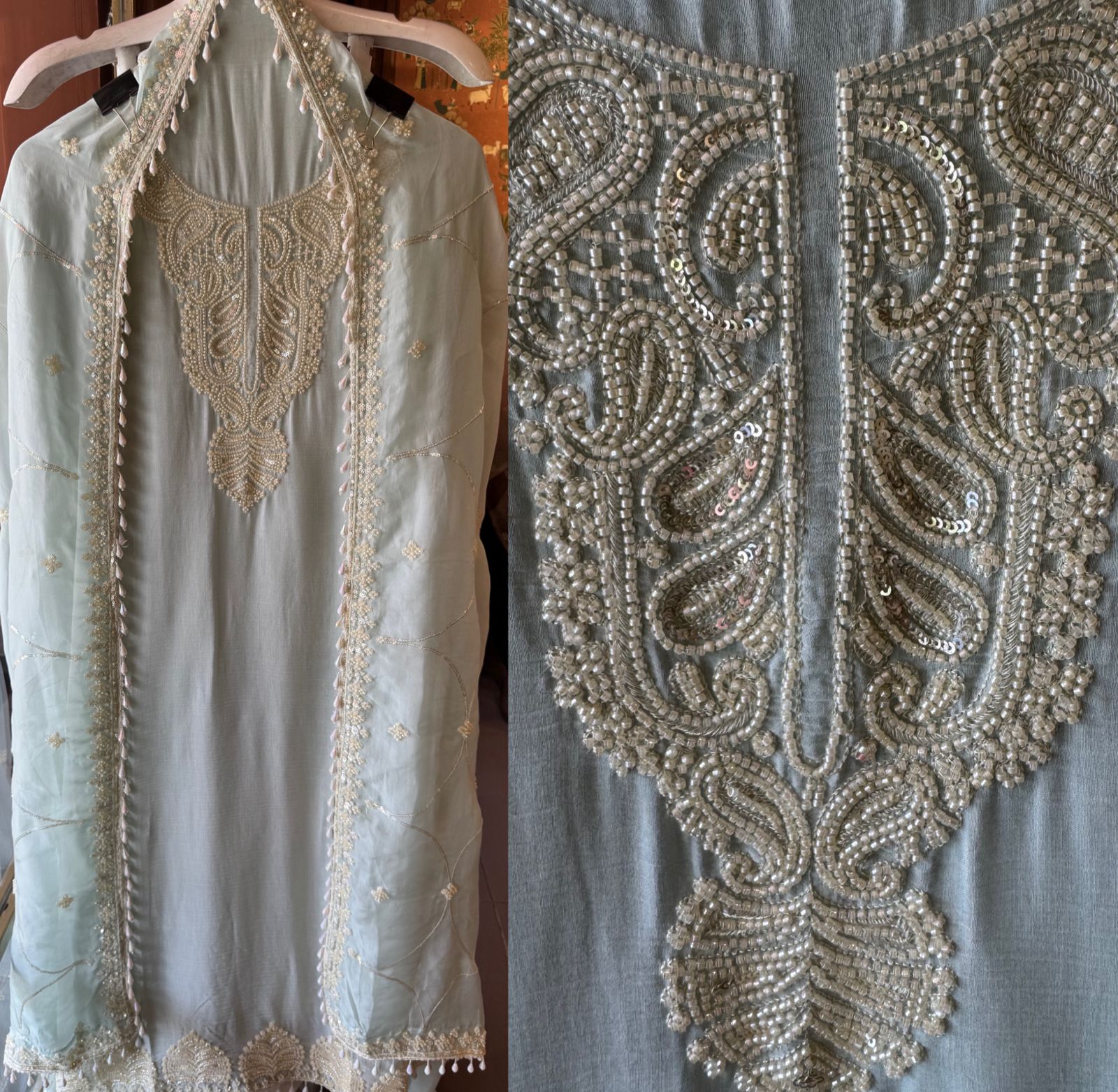 Bead Embroidered Suit Set with Dupatta and bottoms