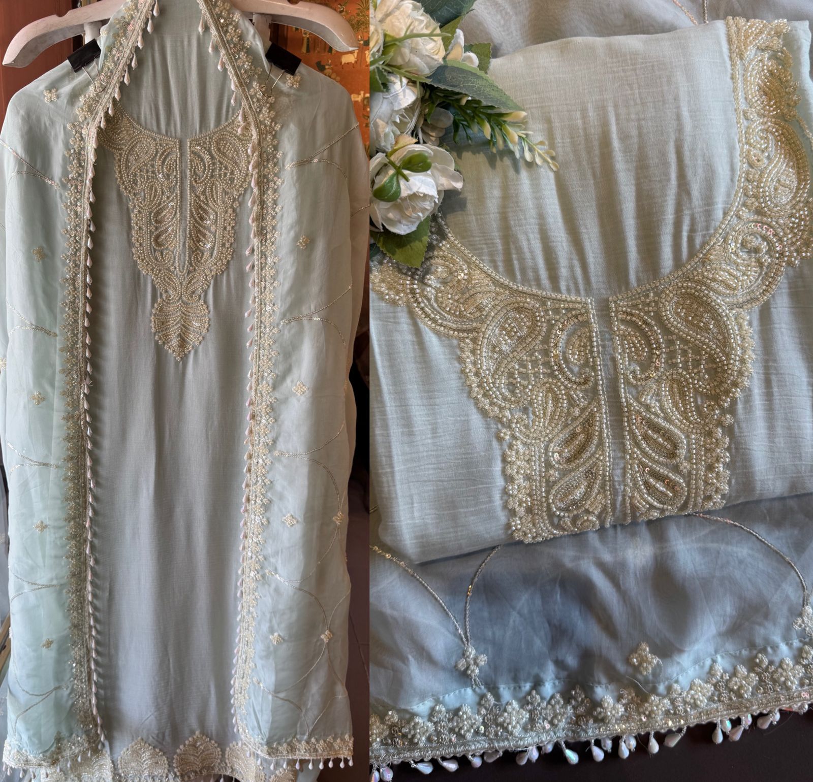Bead Embroidered Suit Set with Dupatta and bottoms