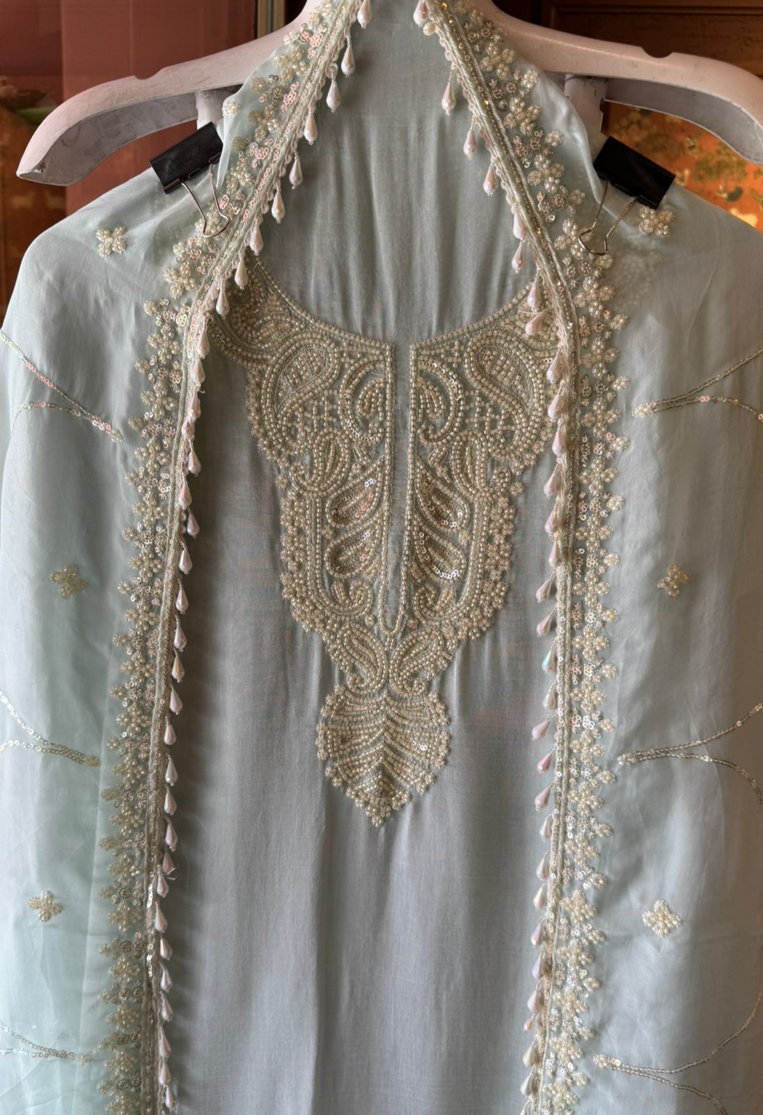 Bead Embroidered Suit Set with Dupatta and bottoms