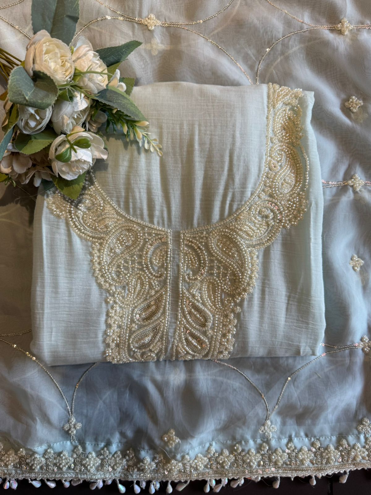 Bead Embroidered Suit Set with Dupatta and bottoms