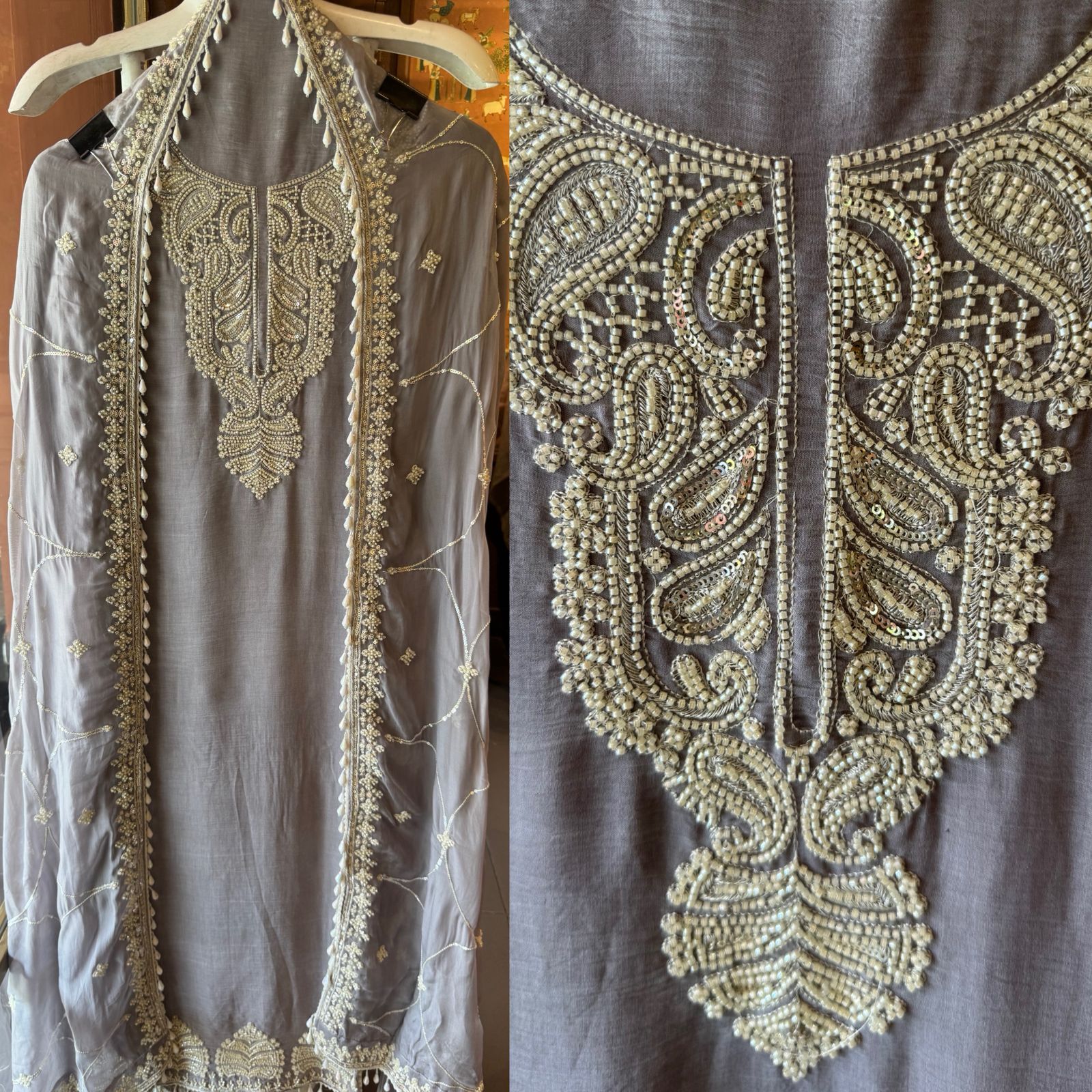 Bead Embroidered Suit Set with Dupatta and bottoms