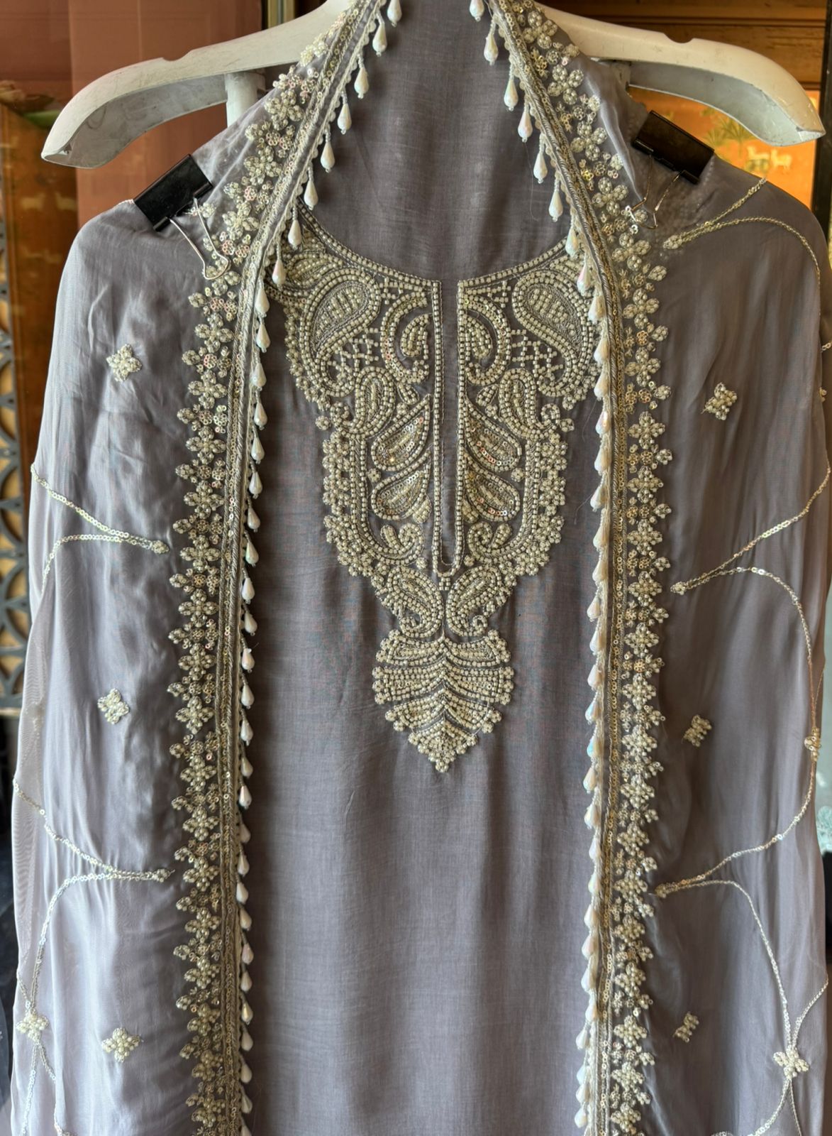 Bead Embroidered Suit Set with Dupatta and bottoms